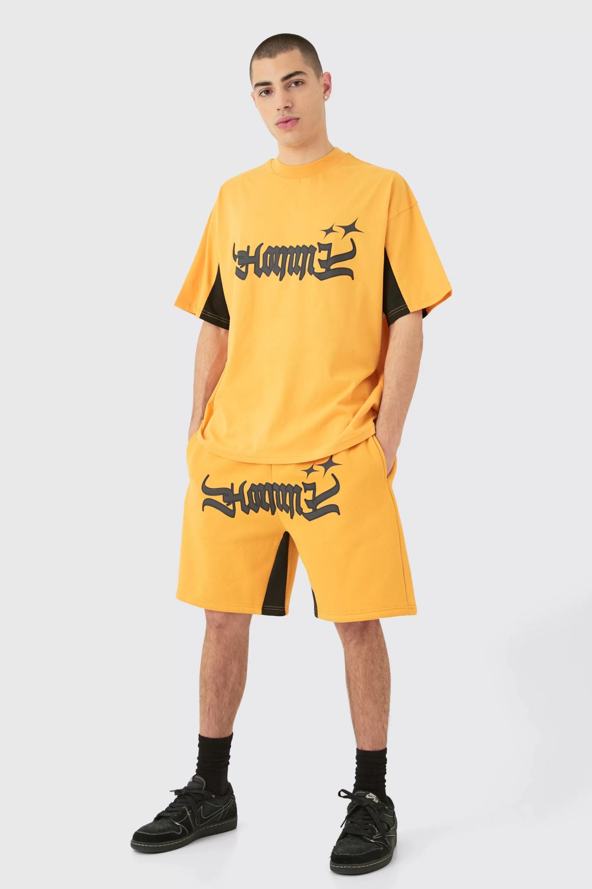 boohooMAN Oversized Homme Panel Heavyweight T-shirt & Short Set | UK