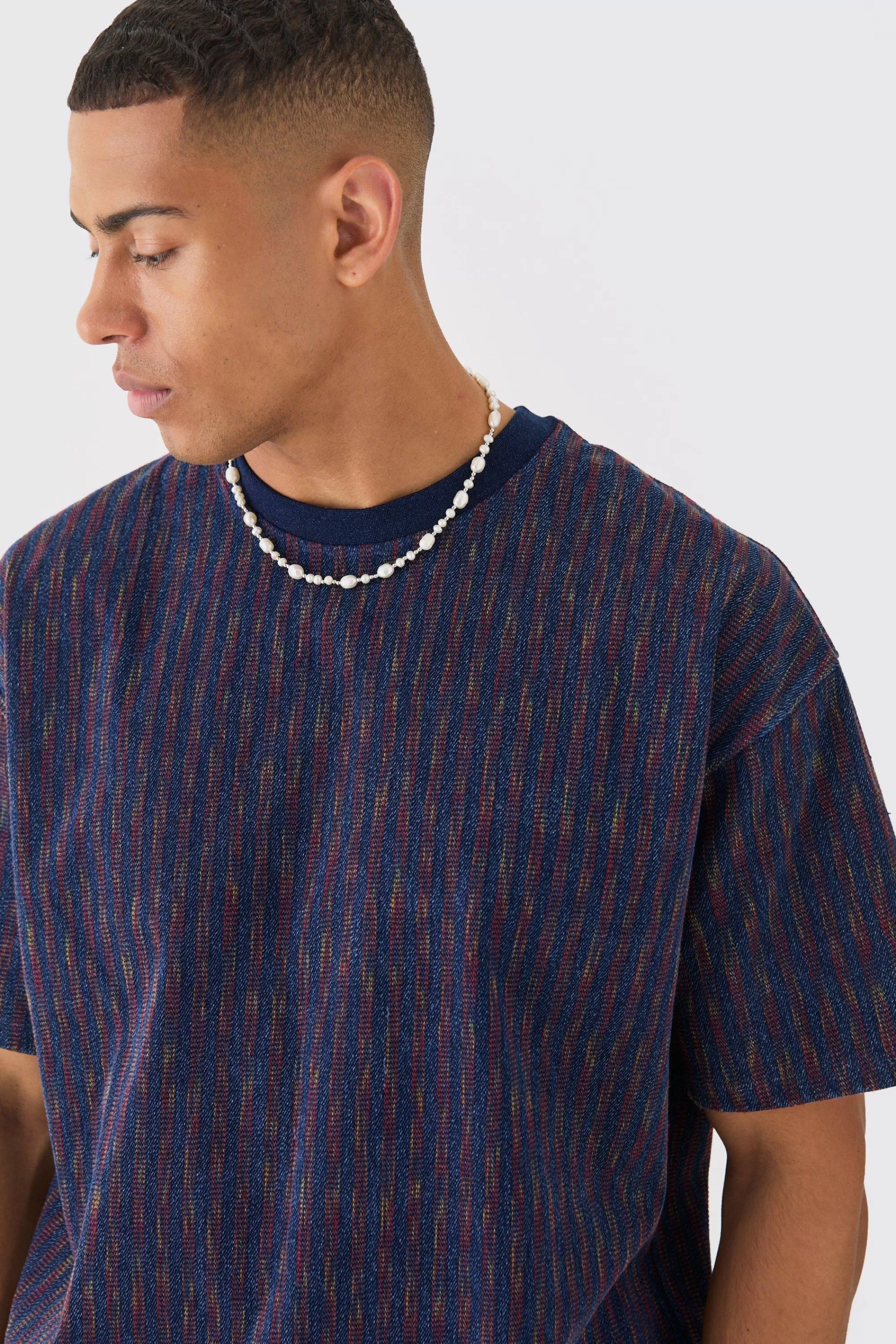 boohooMAN Oversized Indigo Dyed Striped Jacquard Sweatshirt | UK