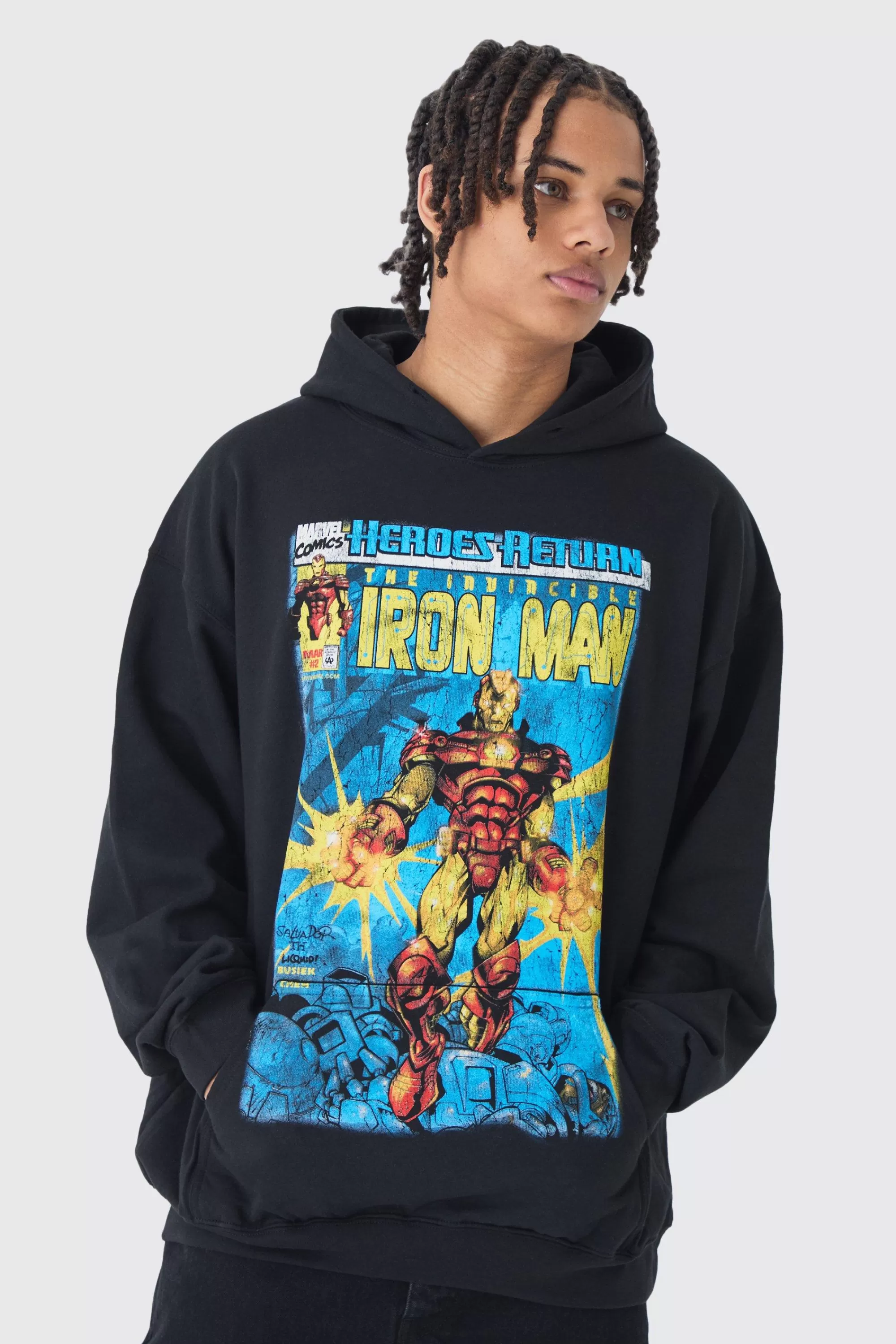 boohooMAN Oversized Iron Man Marvel License Print Hoodie | UK