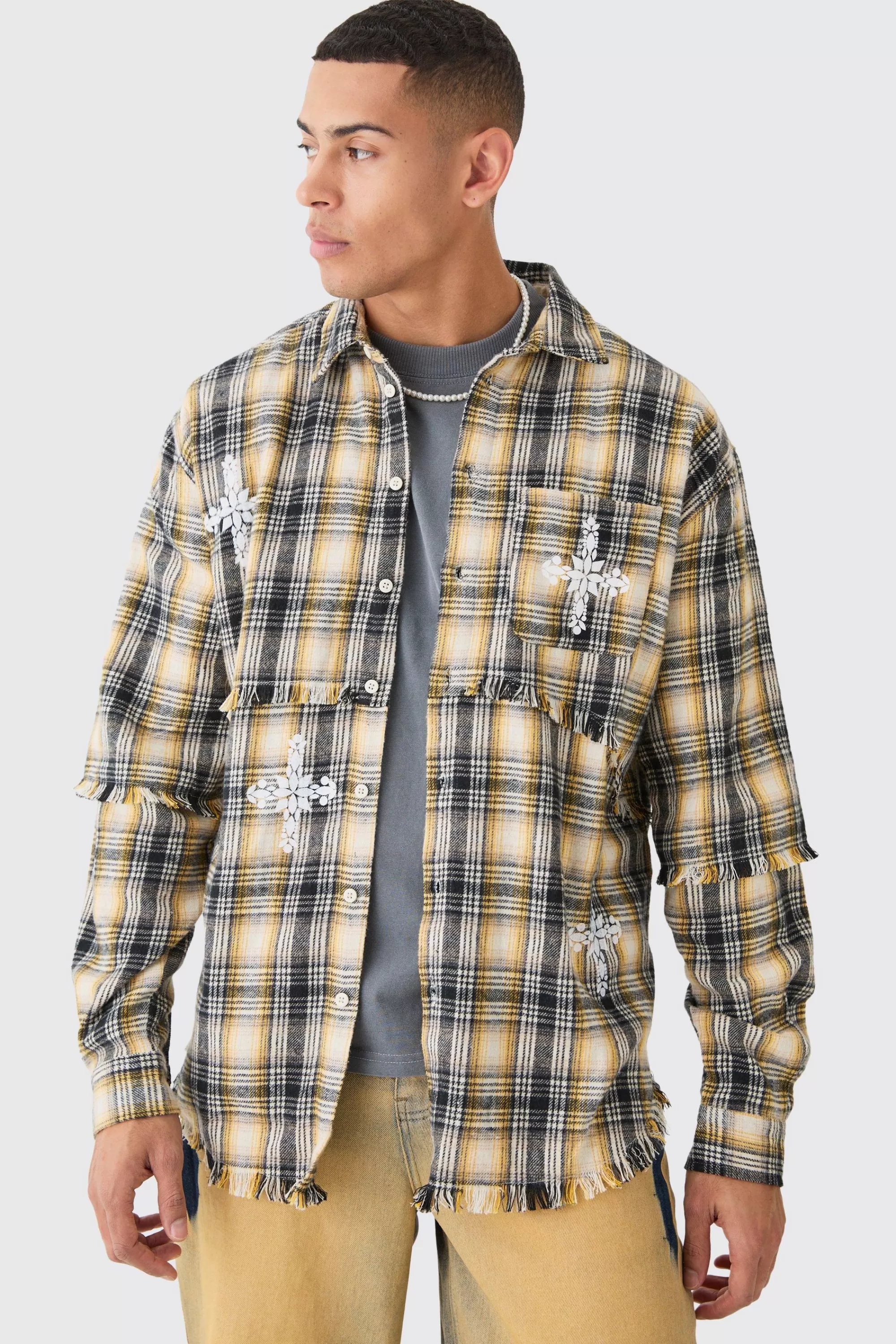 boohooMAN Oversized Layered Print Check Shirt | UK