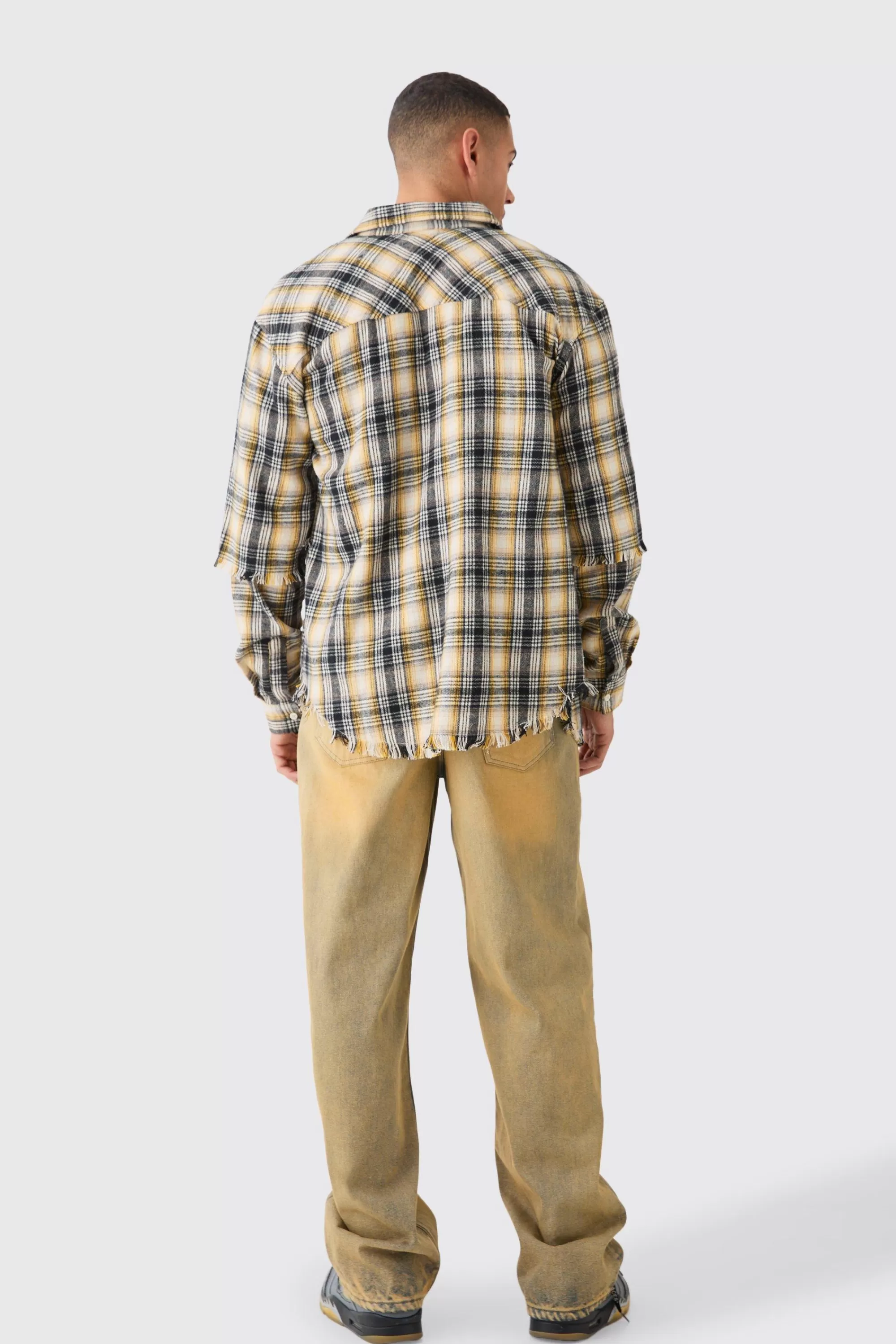 boohooMAN Oversized Layered Print Check Shirt | UK