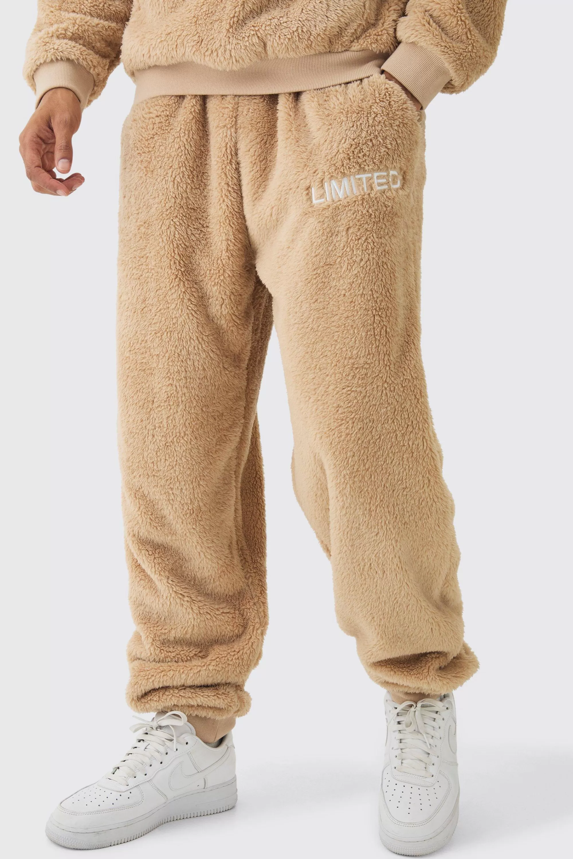 boohooMAN Oversized Limited Embroidered Teddy Borg Cuffed Joggers | UK