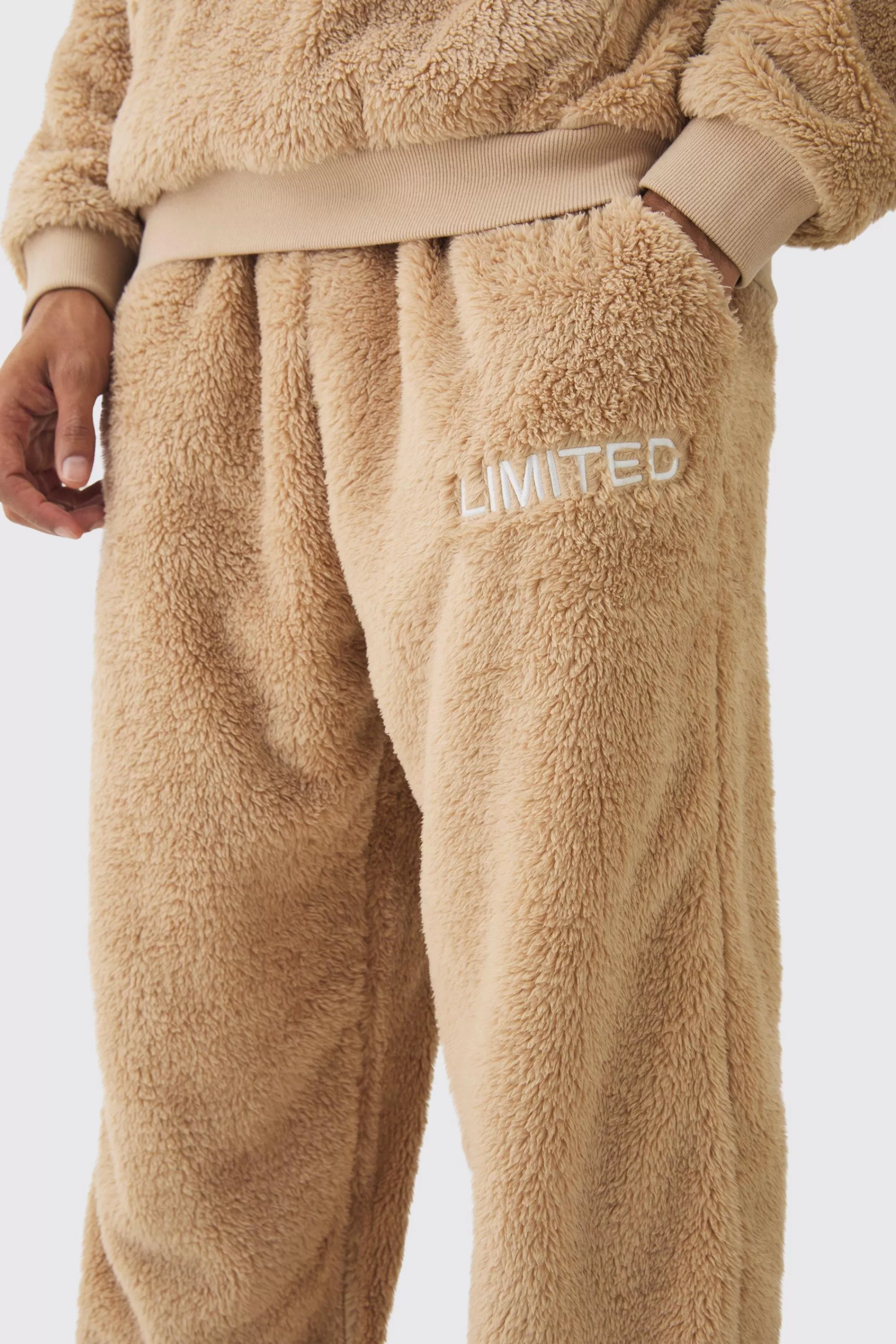 boohooMAN Oversized Limited Embroidered Teddy Borg Cuffed Joggers | UK