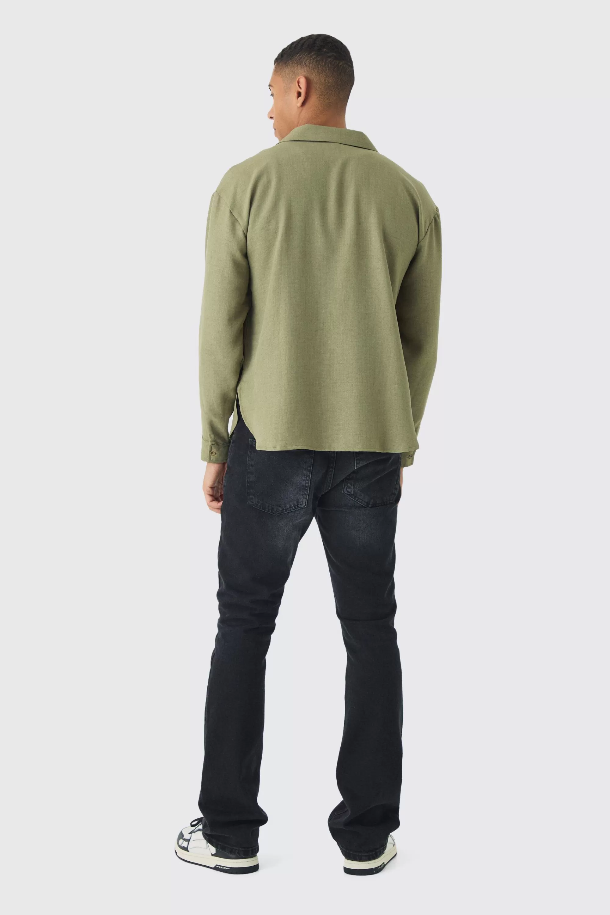 boohooMAN Oversized Linen Long Sleeve Revere Step Hem Shirt | UK