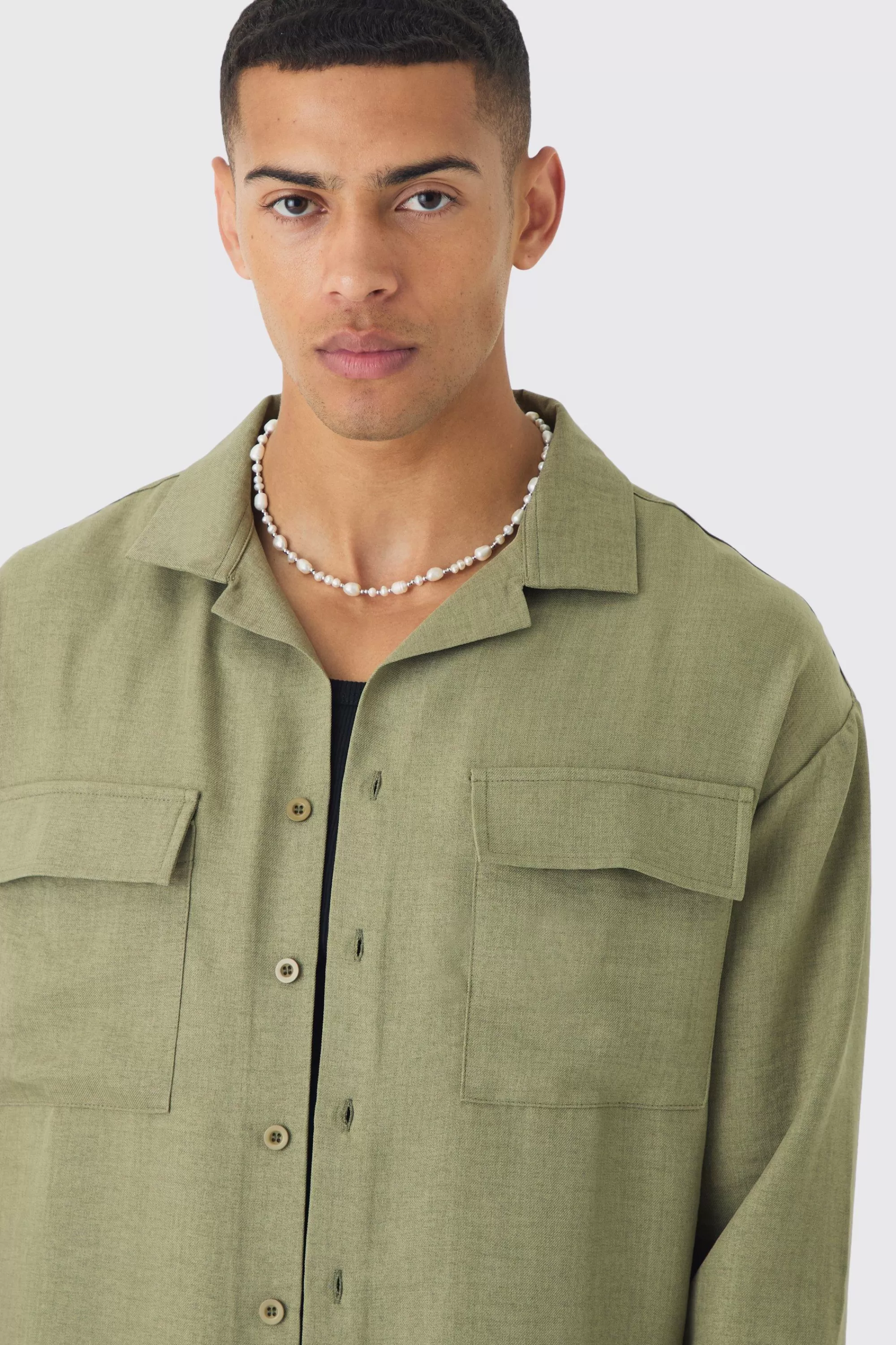 boohooMAN Oversized Linen Long Sleeve Revere Step Hem Shirt | UK