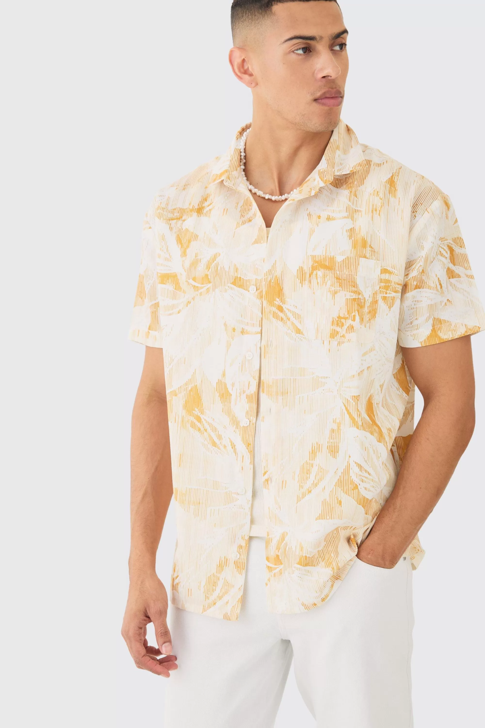 boohooMAN Oversized Linen Look Brush Palm Print Shirt | UK