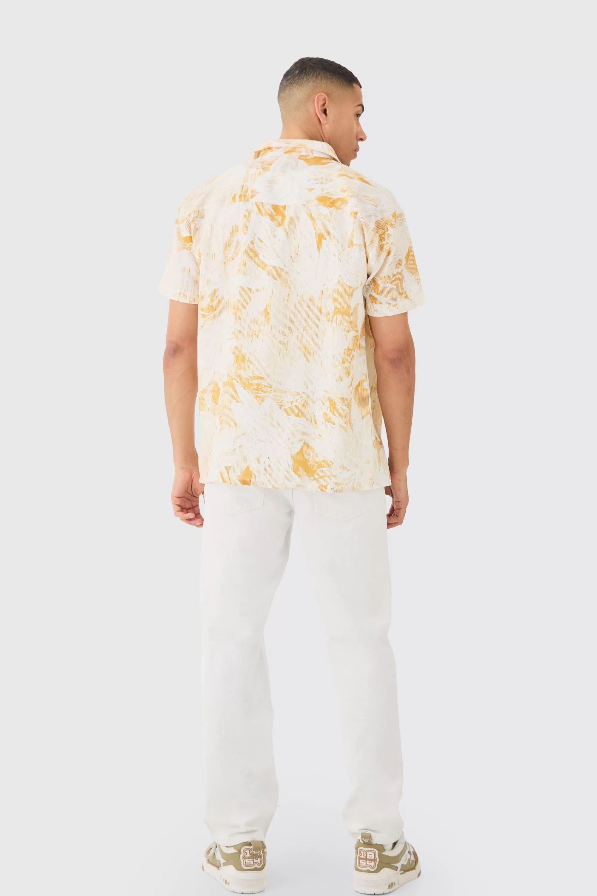 boohooMAN Oversized Linen Look Brush Palm Print Shirt | UK