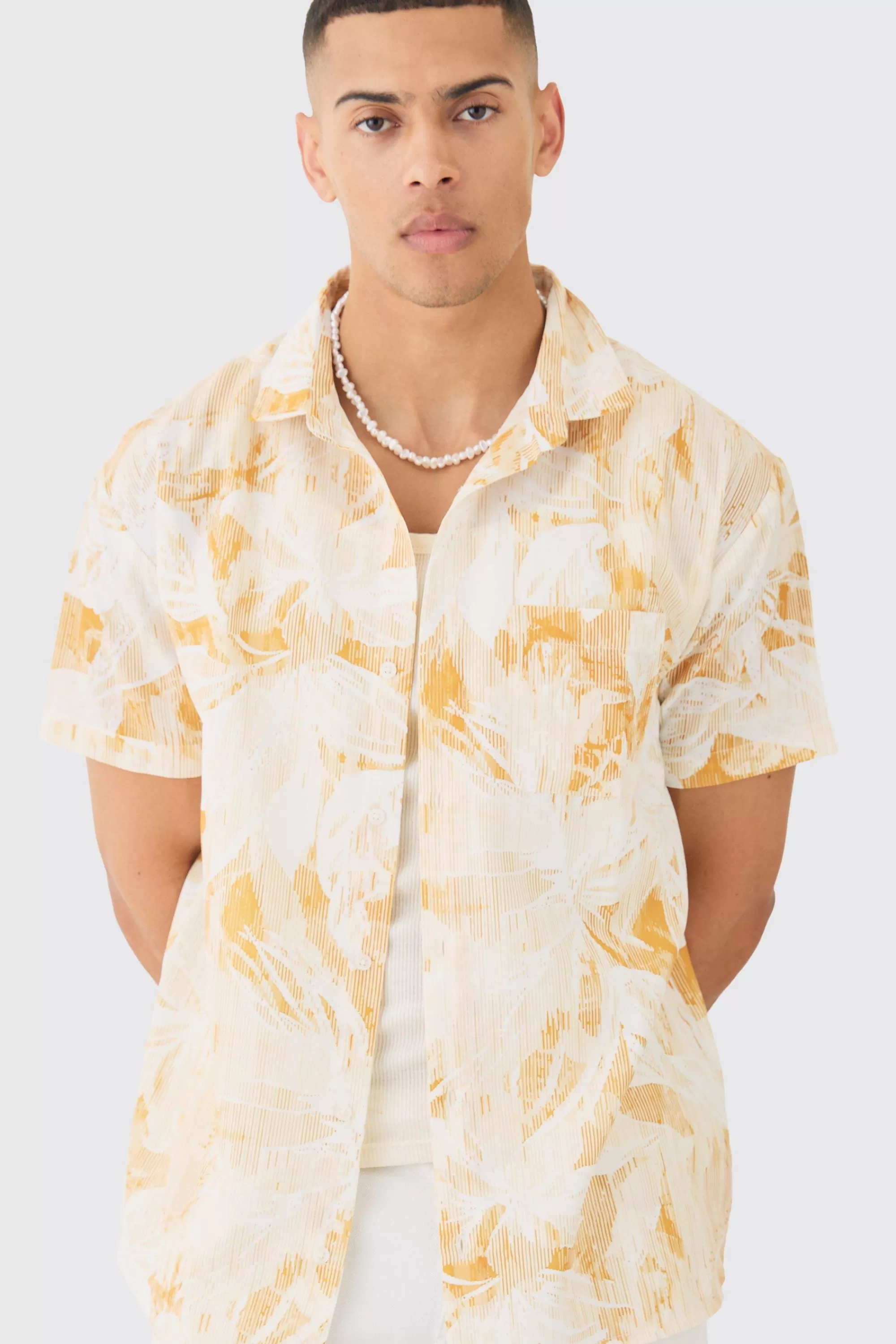 boohooMAN Oversized Linen Look Brush Palm Print Shirt | UK