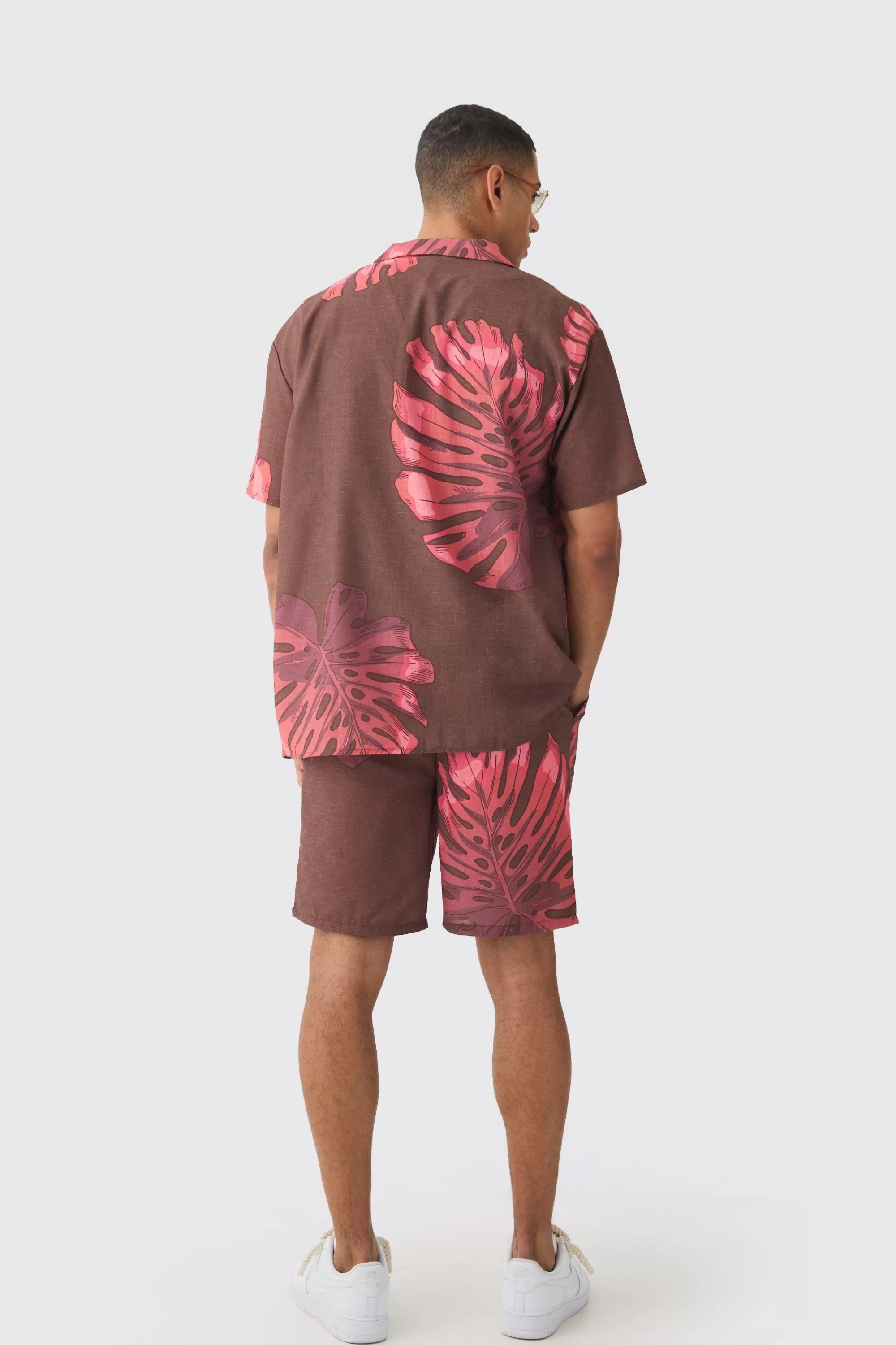 boohooMAN Oversized Linen Look Palm Shirt & Short | UK