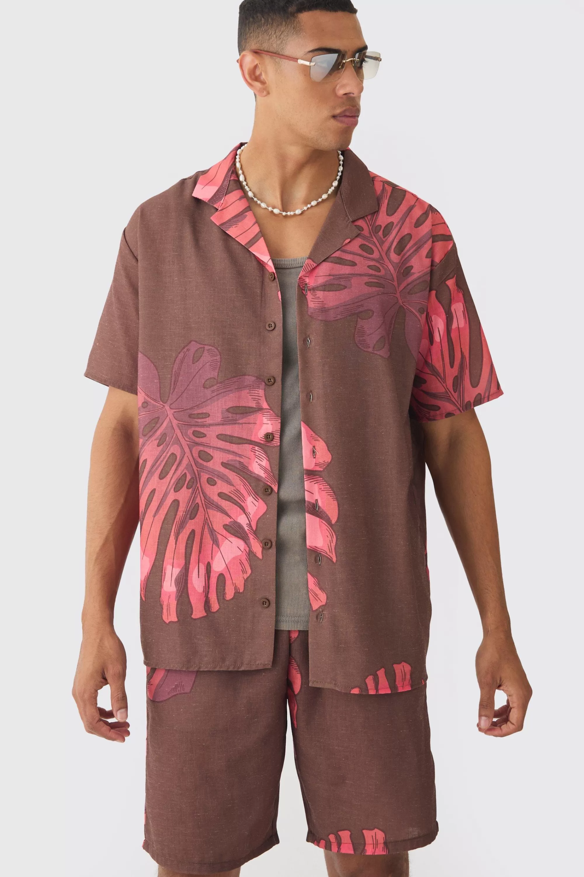boohooMAN Oversized Linen Look Palm Shirt & Short | UK