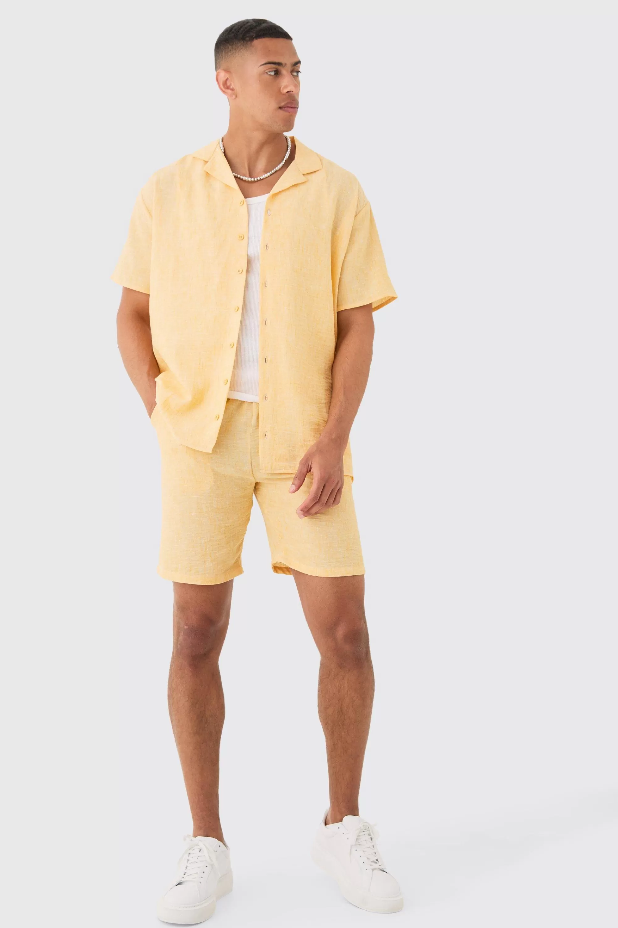 boohooMAN Oversized Linen Look Shirt & Short Set | UK