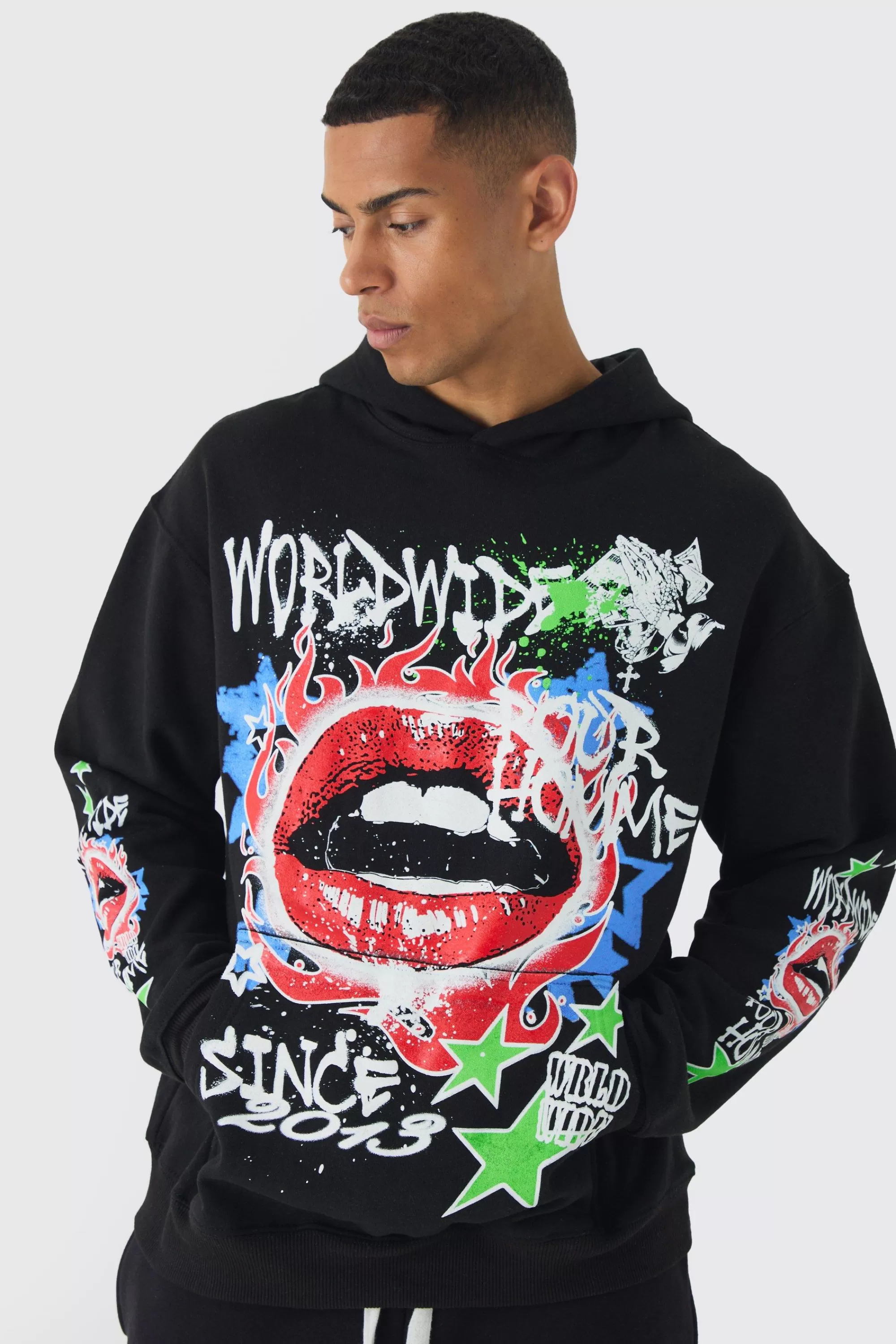 boohooMAN Oversized Lip Graffiti Graphic Hoodie | UK