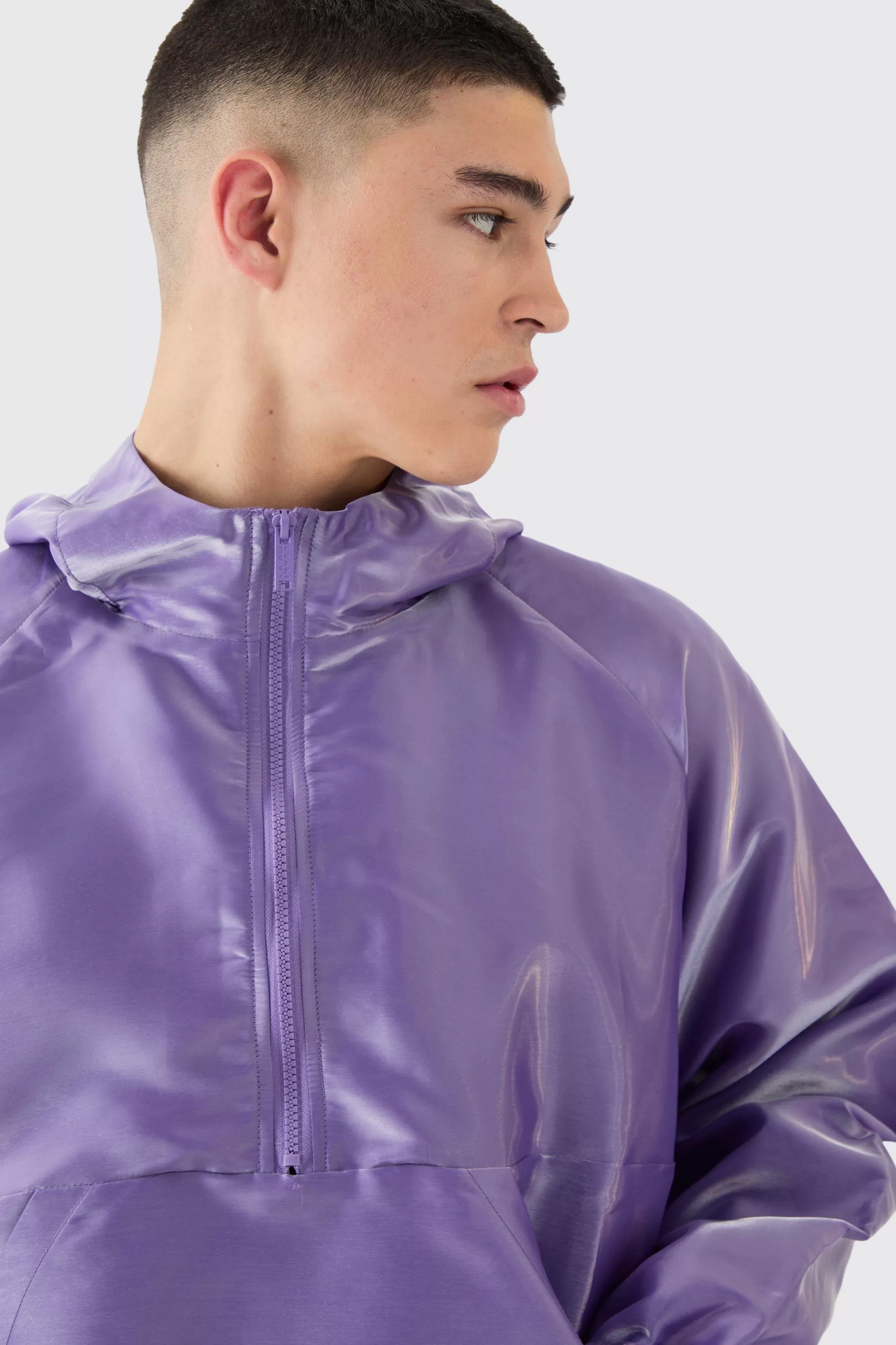 boohooMAN Oversized Liquid Metallic Half Zip Windbreaker | UK