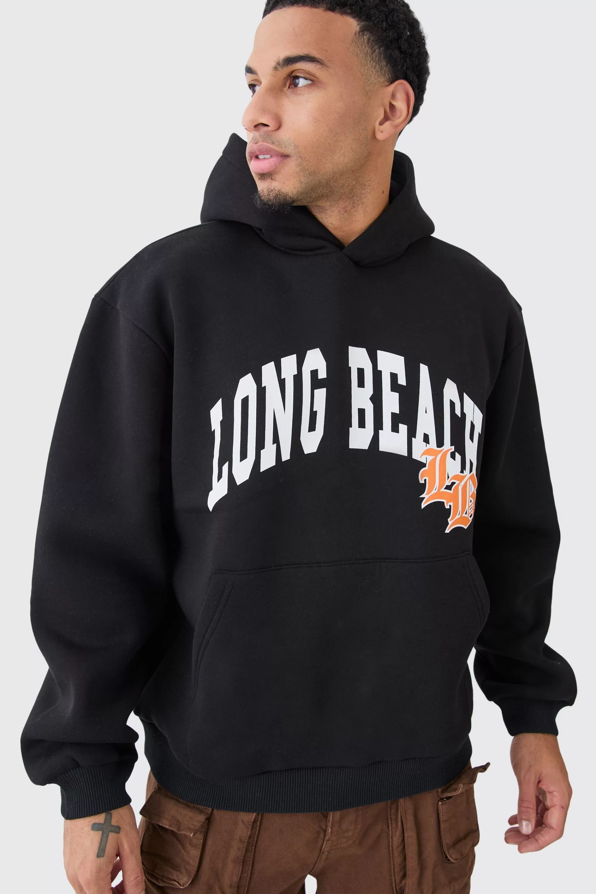 boohooMAN Oversized Long Beach Varsity Hoodie | UK