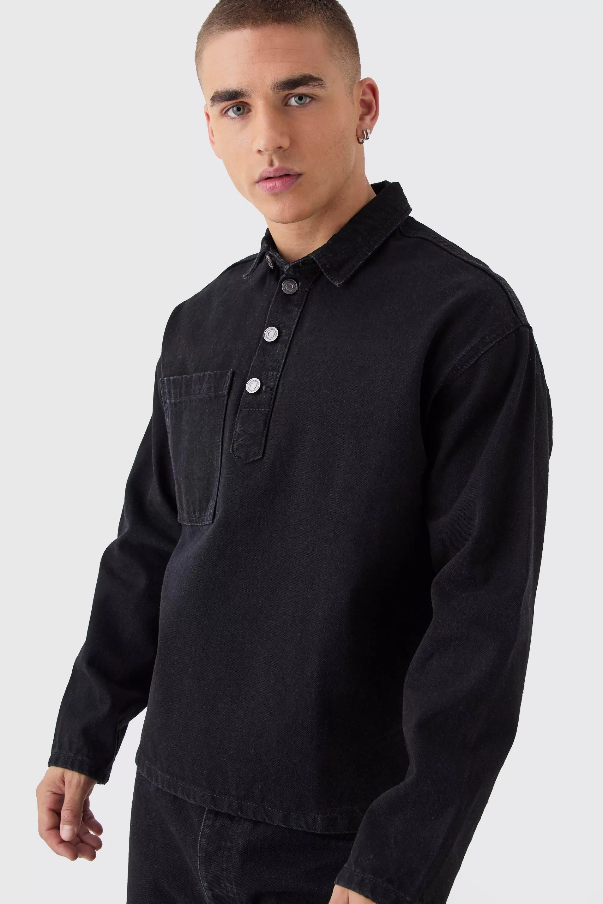 boohooMAN Oversized Long Sleeve 1/4 Neck Denim Shirt | UK