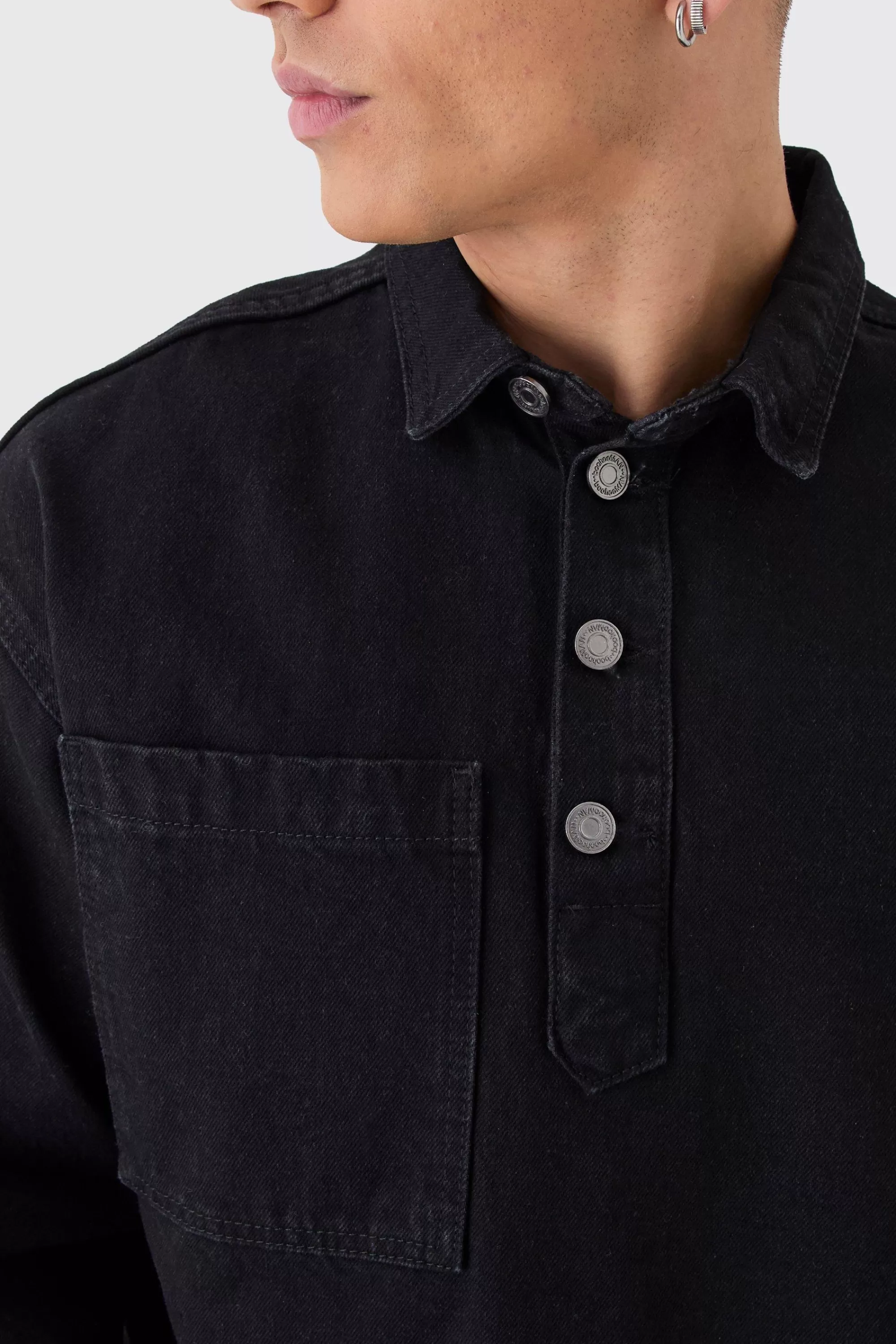 boohooMAN Oversized Long Sleeve 1/4 Neck Denim Shirt | UK