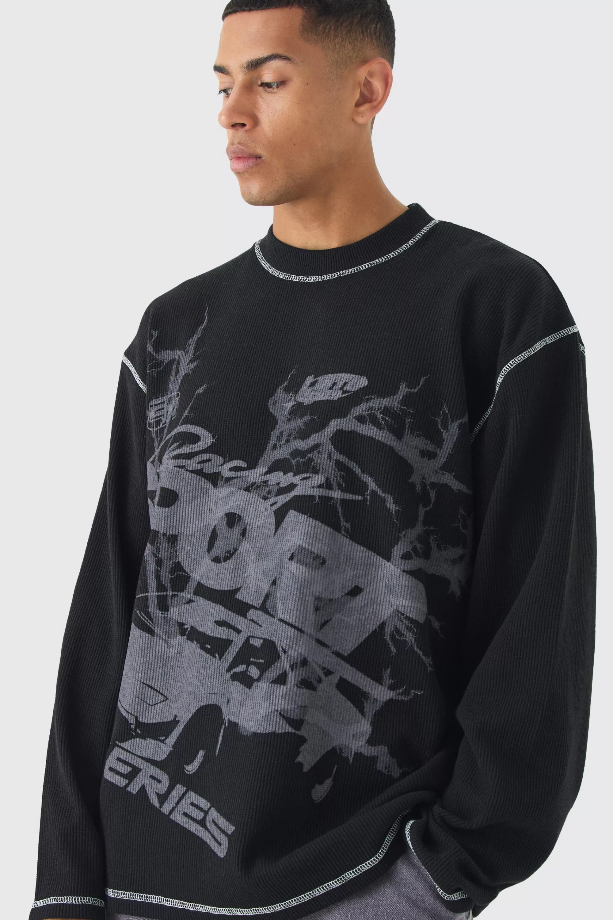 boohooMAN Oversized Long Sleeve Printed Waffle Sweatshirt | UK
