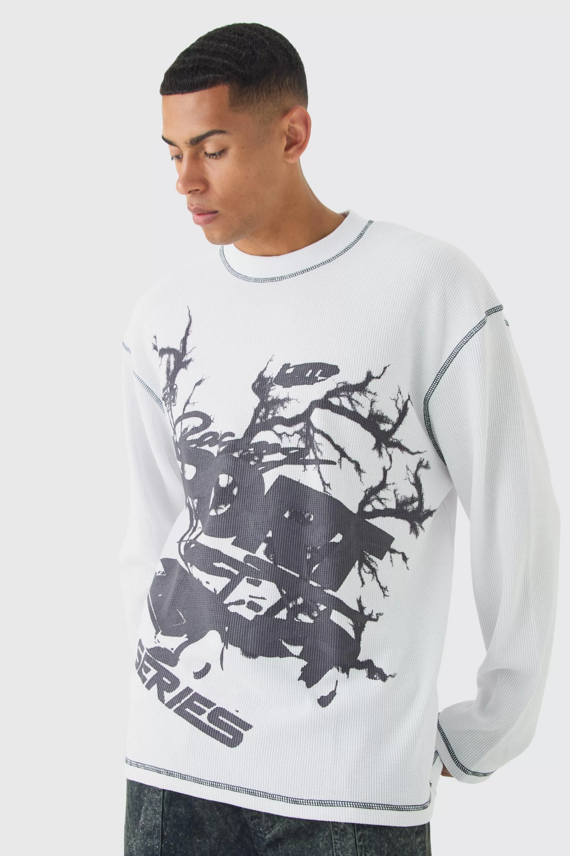 boohooMAN Oversized Long Sleeve Printed Waffle Sweatshirt | UK