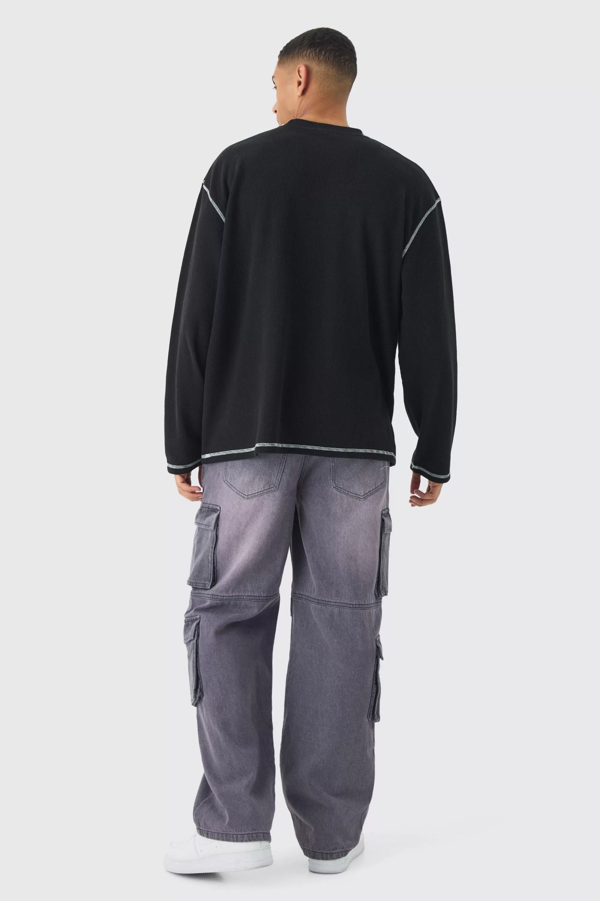 boohooMAN Oversized Long Sleeve Printed Waffle Sweatshirt | UK