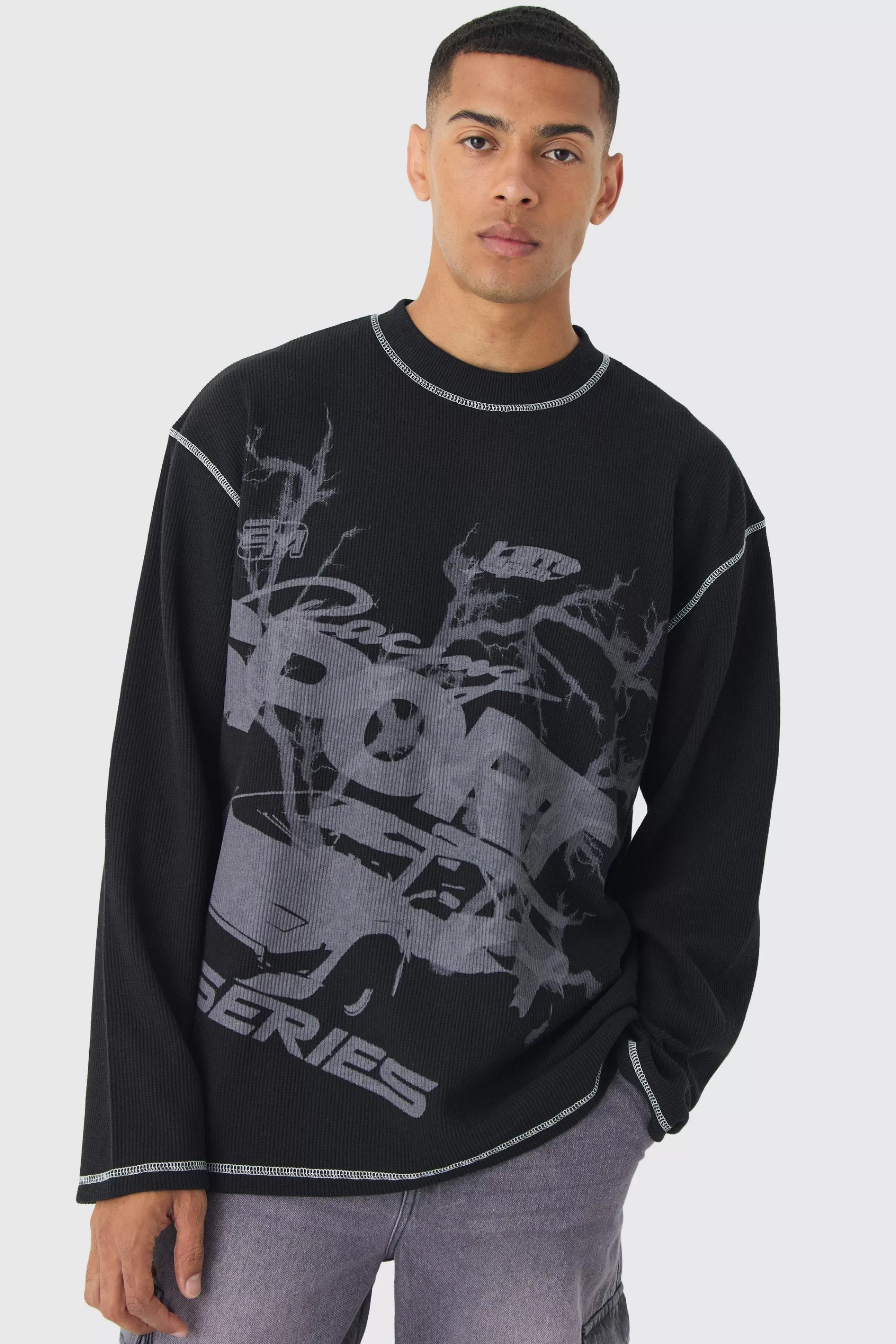 boohooMAN Oversized Long Sleeve Printed Waffle Sweatshirt | UK