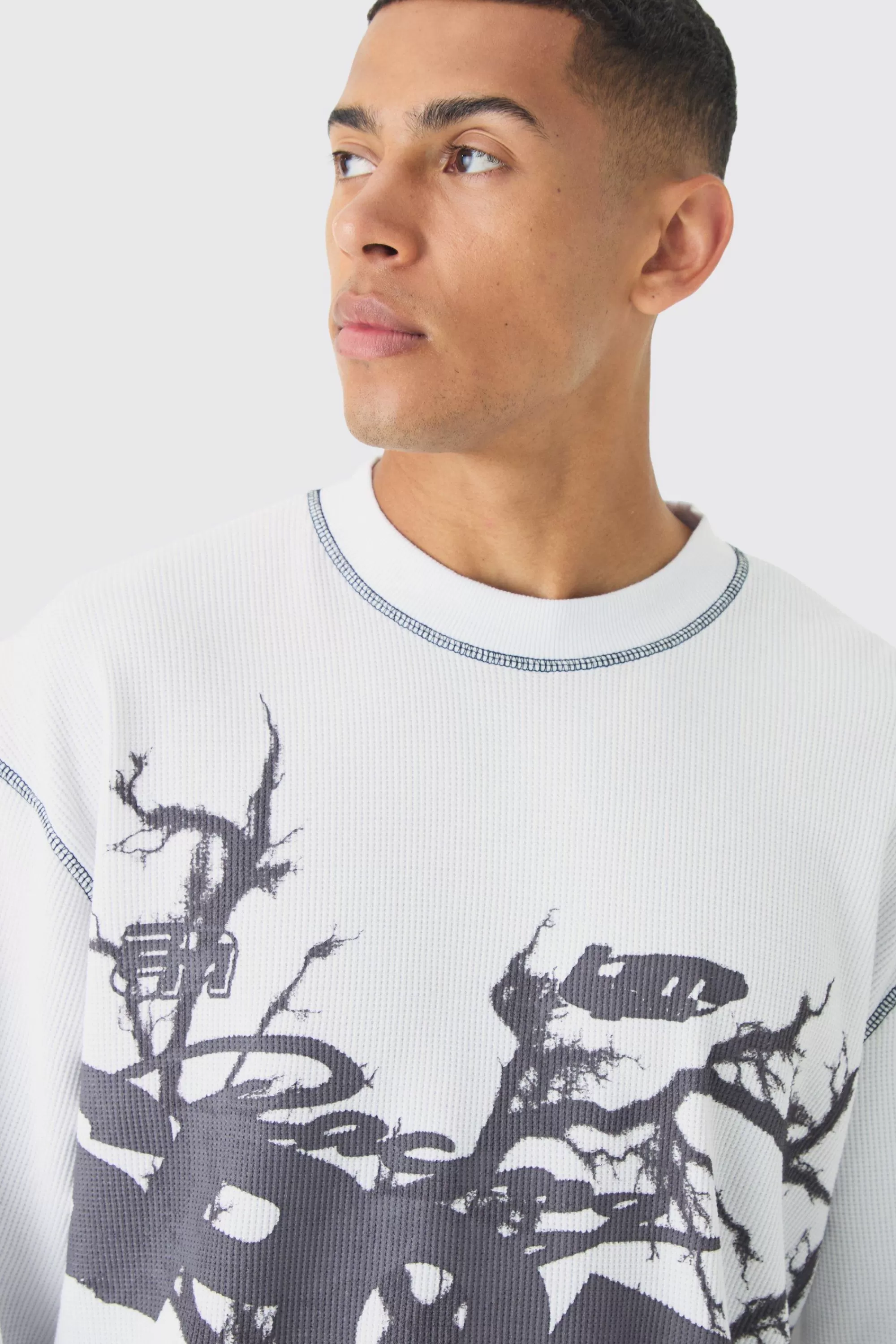 boohooMAN Oversized Long Sleeve Printed Waffle Sweatshirt | UK