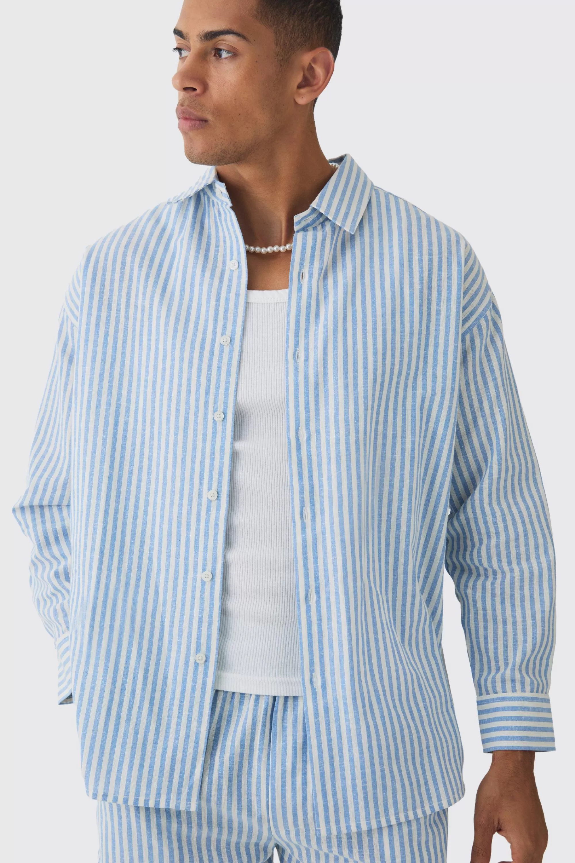 boohooMAN Oversized Long Sleeve Striped Shirt & Trouser Set In | UK
