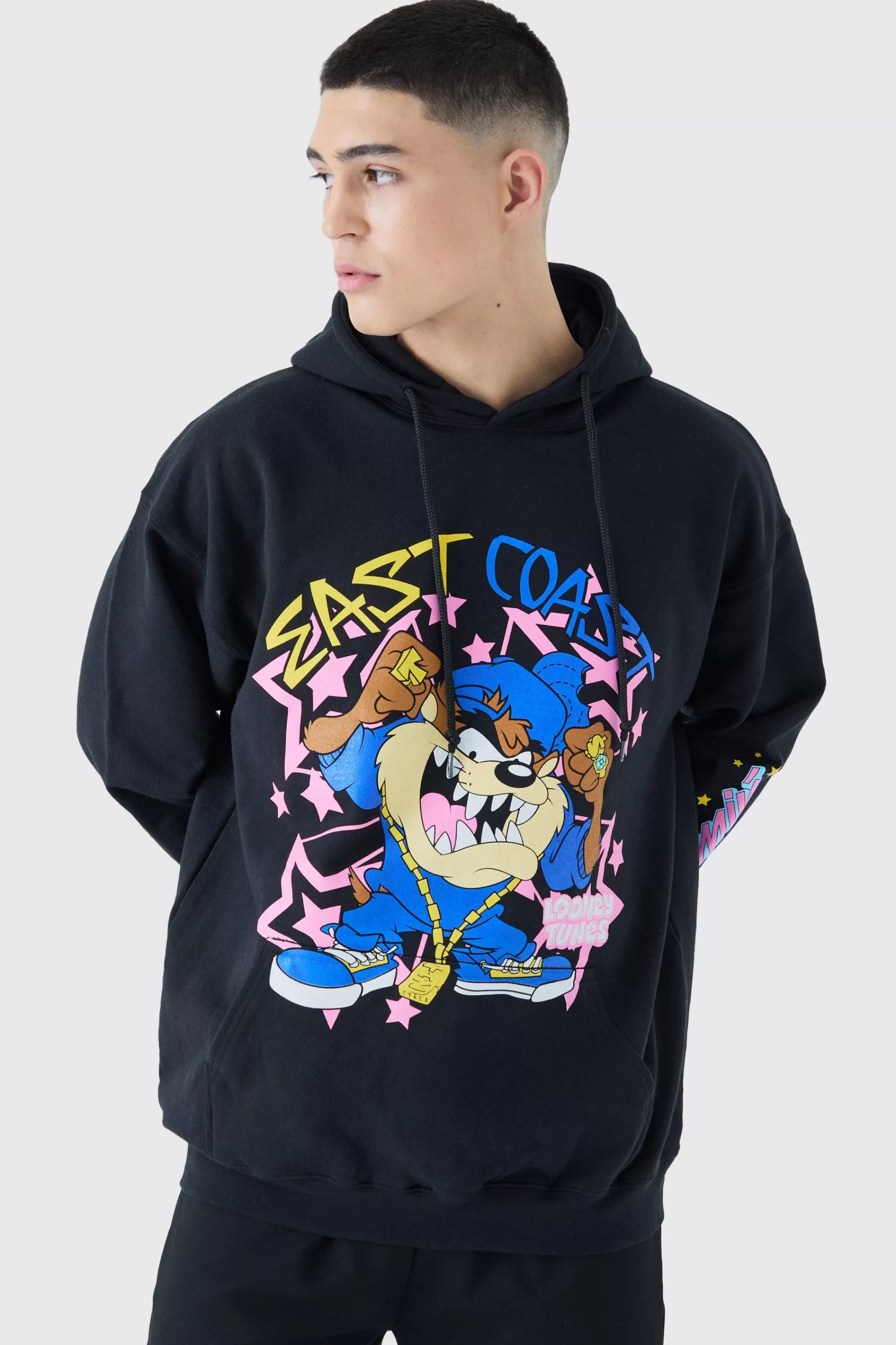 boohooMAN Oversized Looney Tunes Taz Multi Print License Hoodie | UK