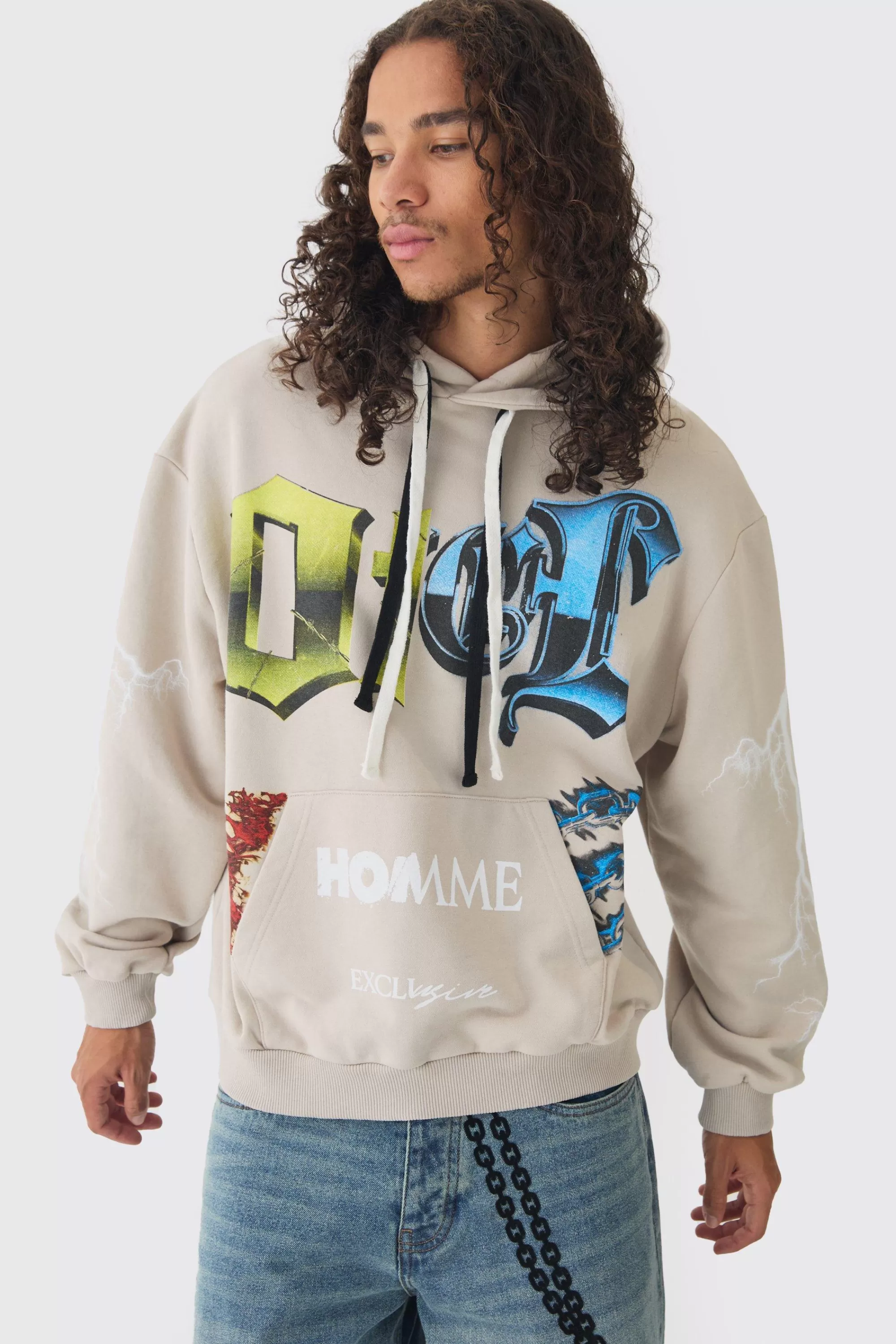 boohooMAN Oversized Loopback OFCL Gothic Print Hoodie | UK