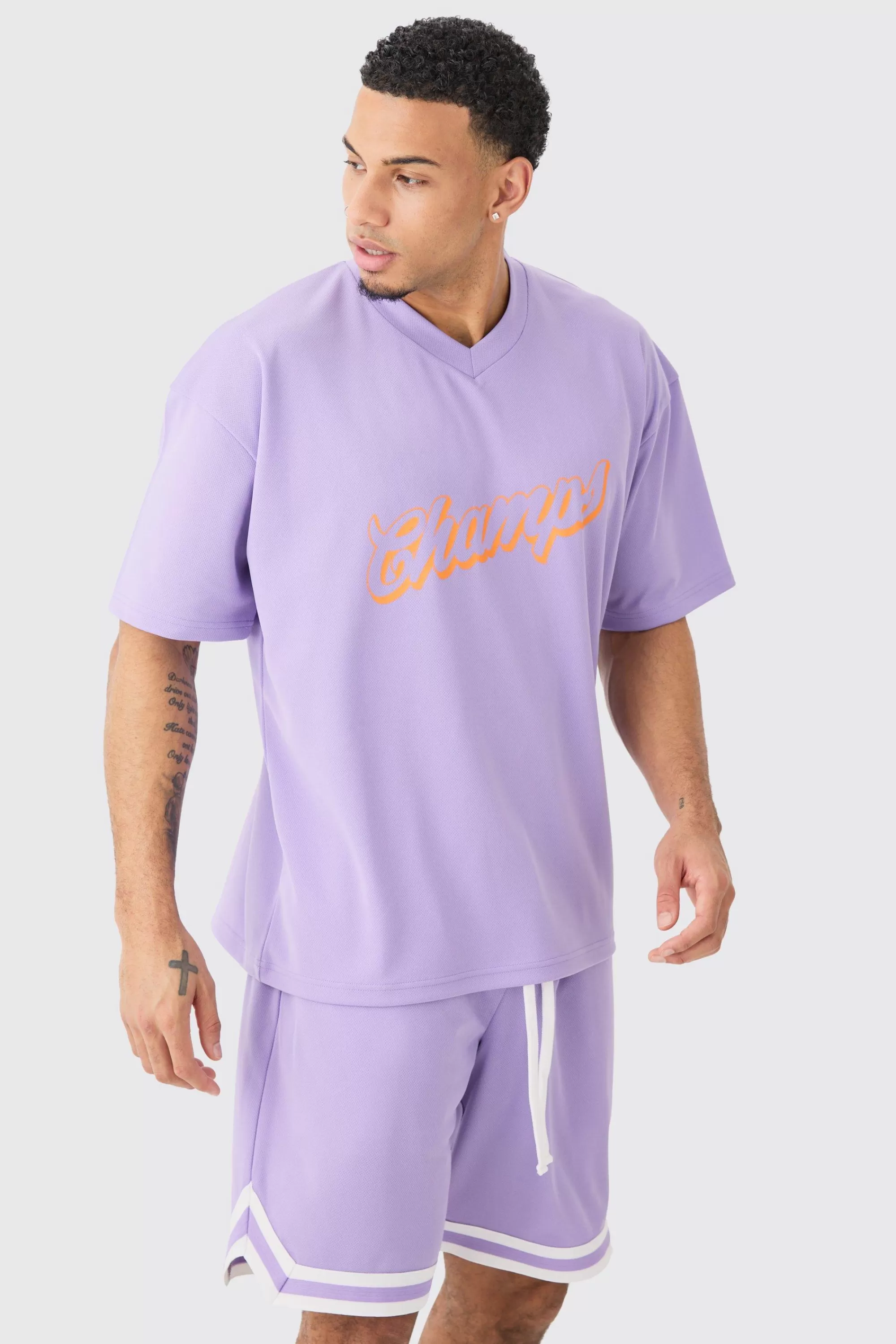boohooMAN Oversized Mesh Varsity Top And Basketball Shorts Set | UK