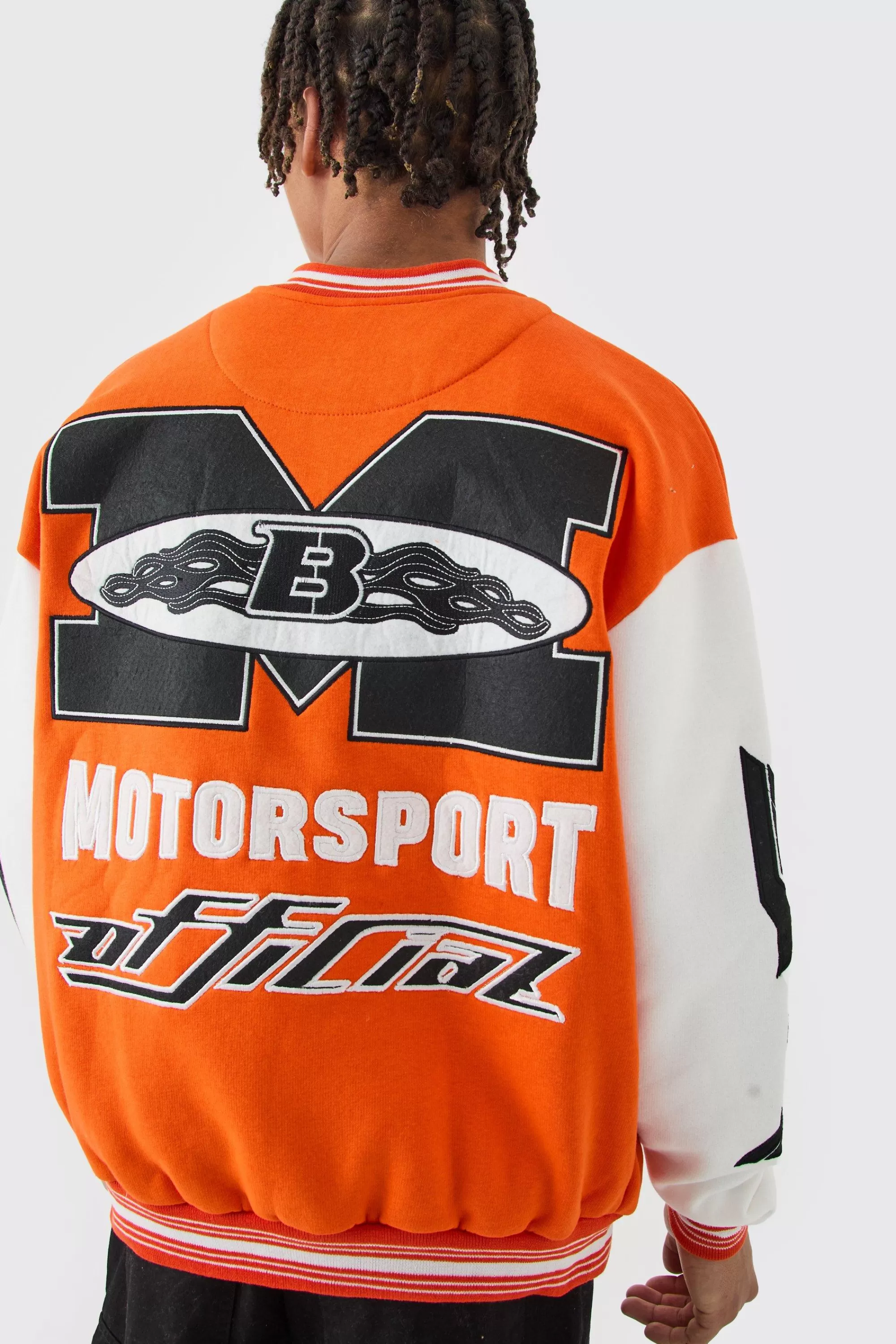 boohooMAN Oversized Moto Applique Jersey Bomber Jacket | UK