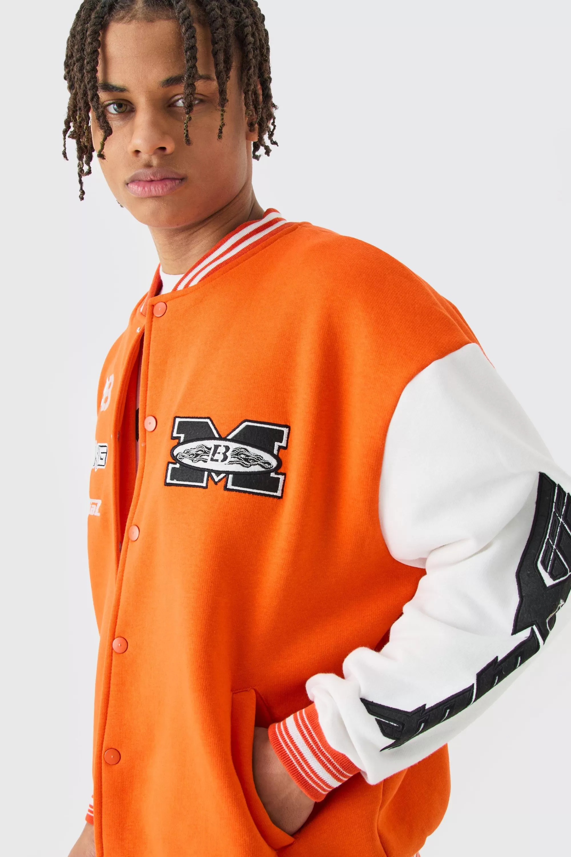 boohooMAN Oversized Moto Applique Jersey Bomber Jacket | UK