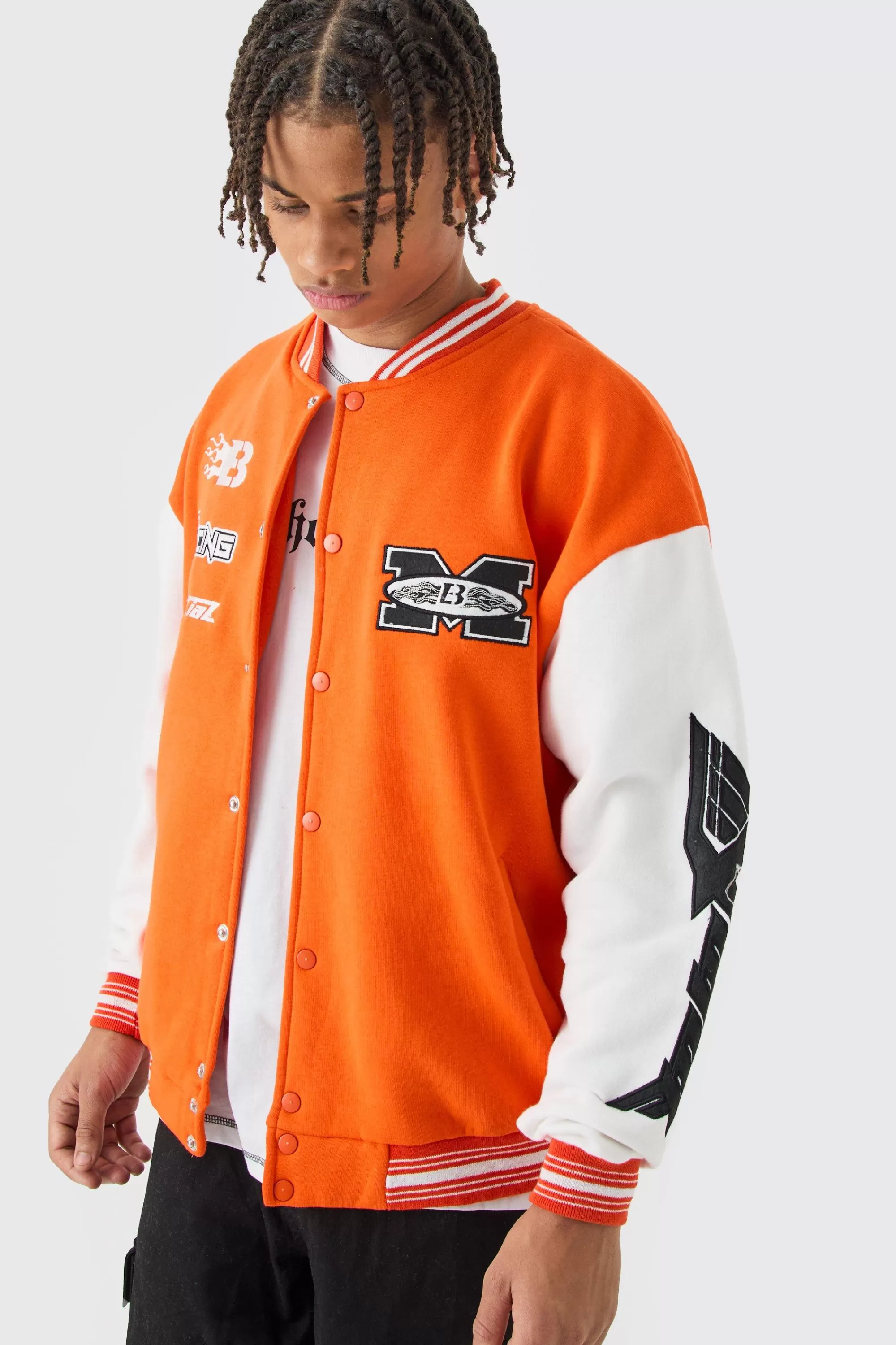 boohooMAN Oversized Moto Applique Jersey Bomber Jacket | UK