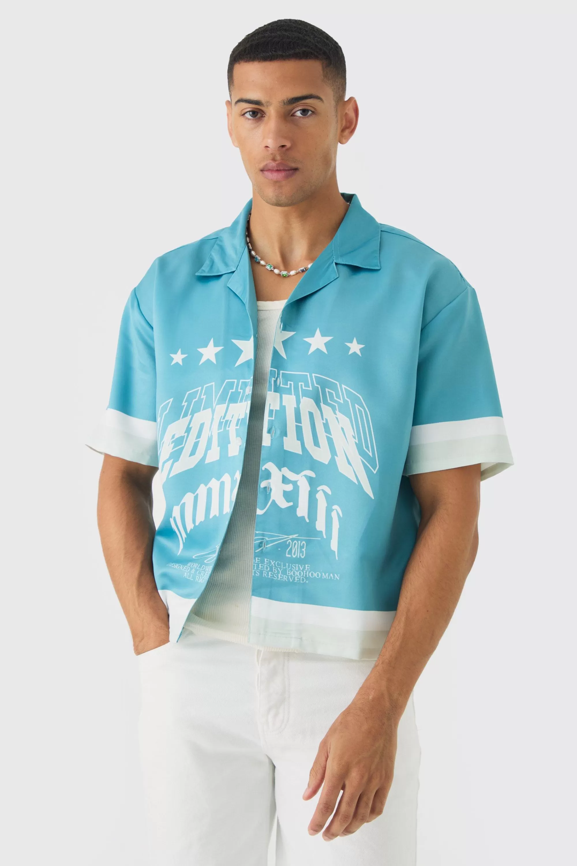 boohooMAN Oversized Moto Graphic Satin Shirt | UK