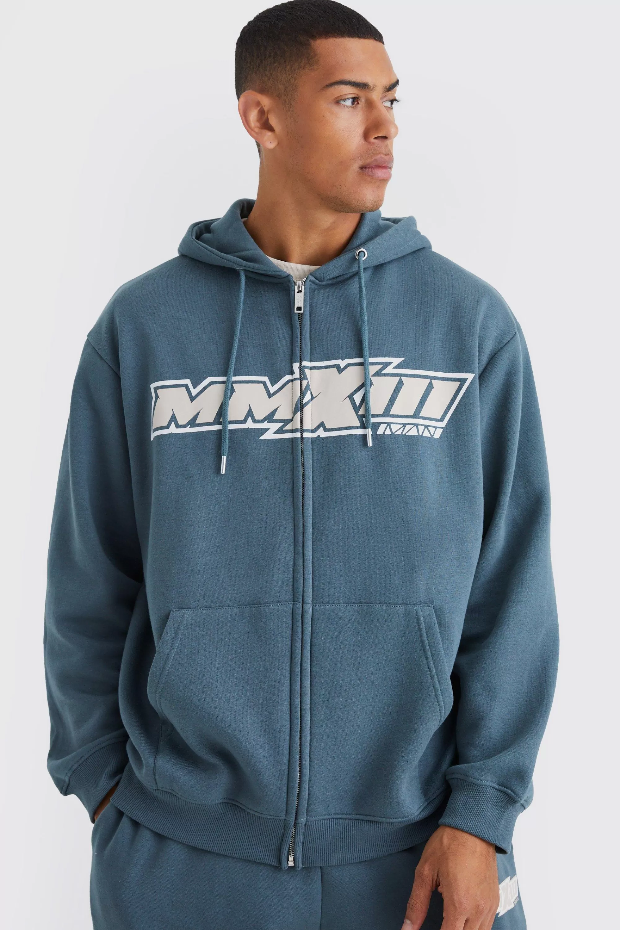 boohooMAN Oversized Moto Print Zip Through Hoodie | UK