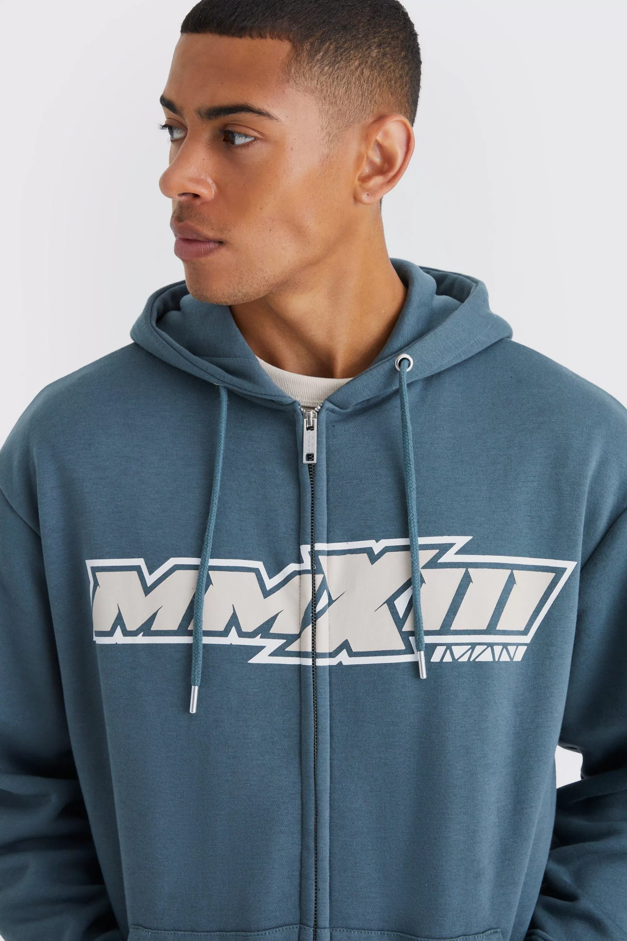 boohooMAN Oversized Moto Print Zip Through Hoodie | UK