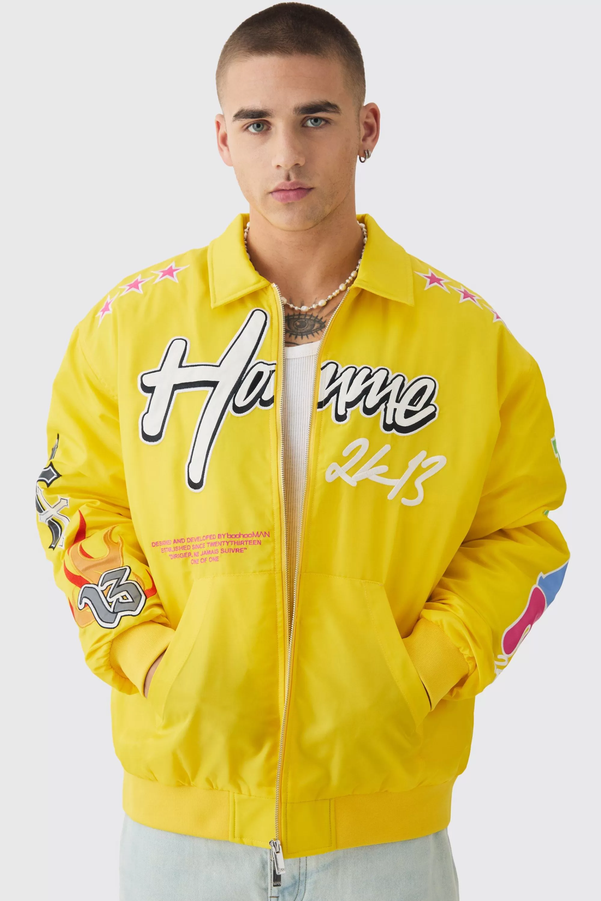 boohooMAN Oversized Multi Badge Nylon Varsity Bomber Jacket In | UK
