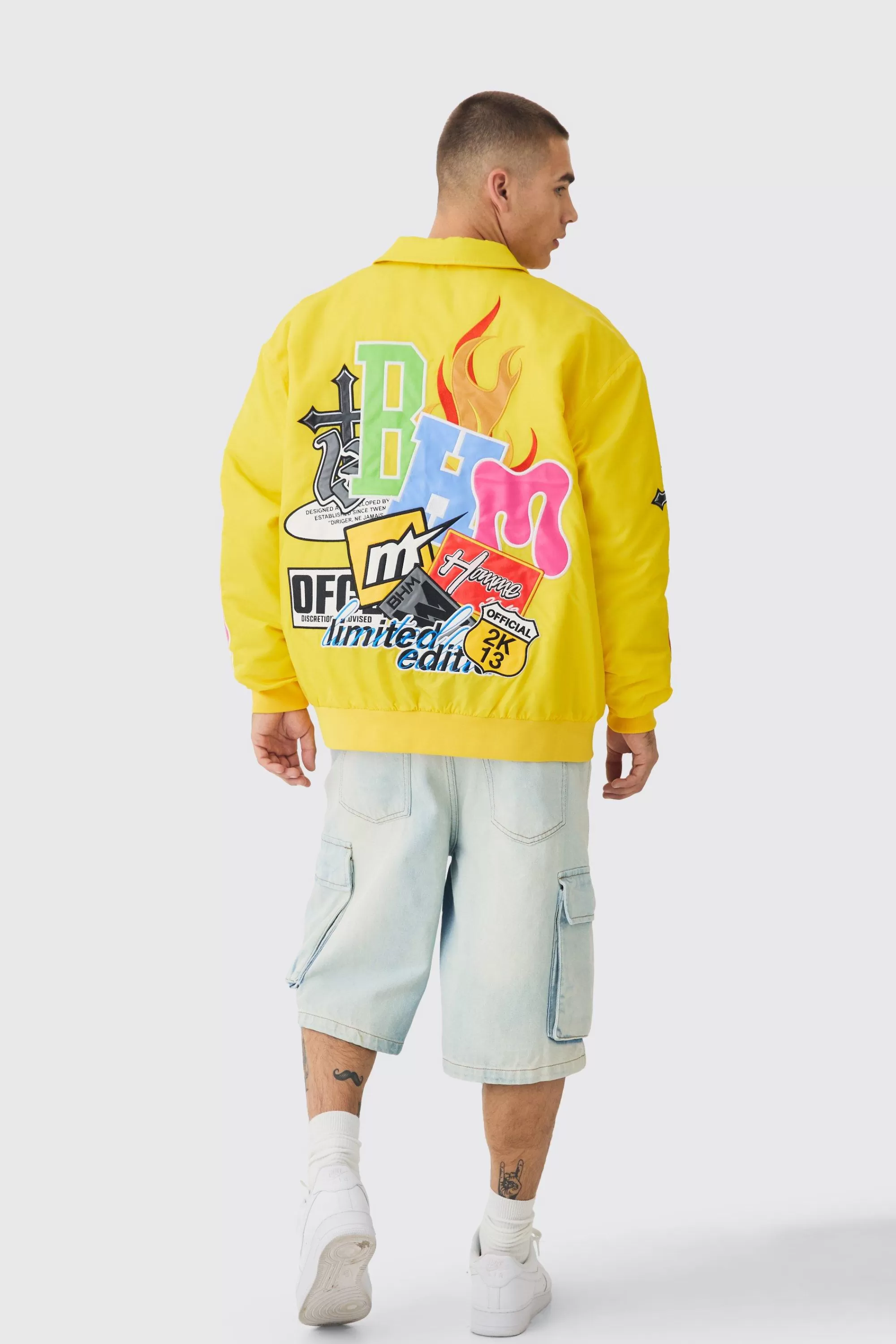 boohooMAN Oversized Multi Badge Nylon Varsity Bomber Jacket In | UK