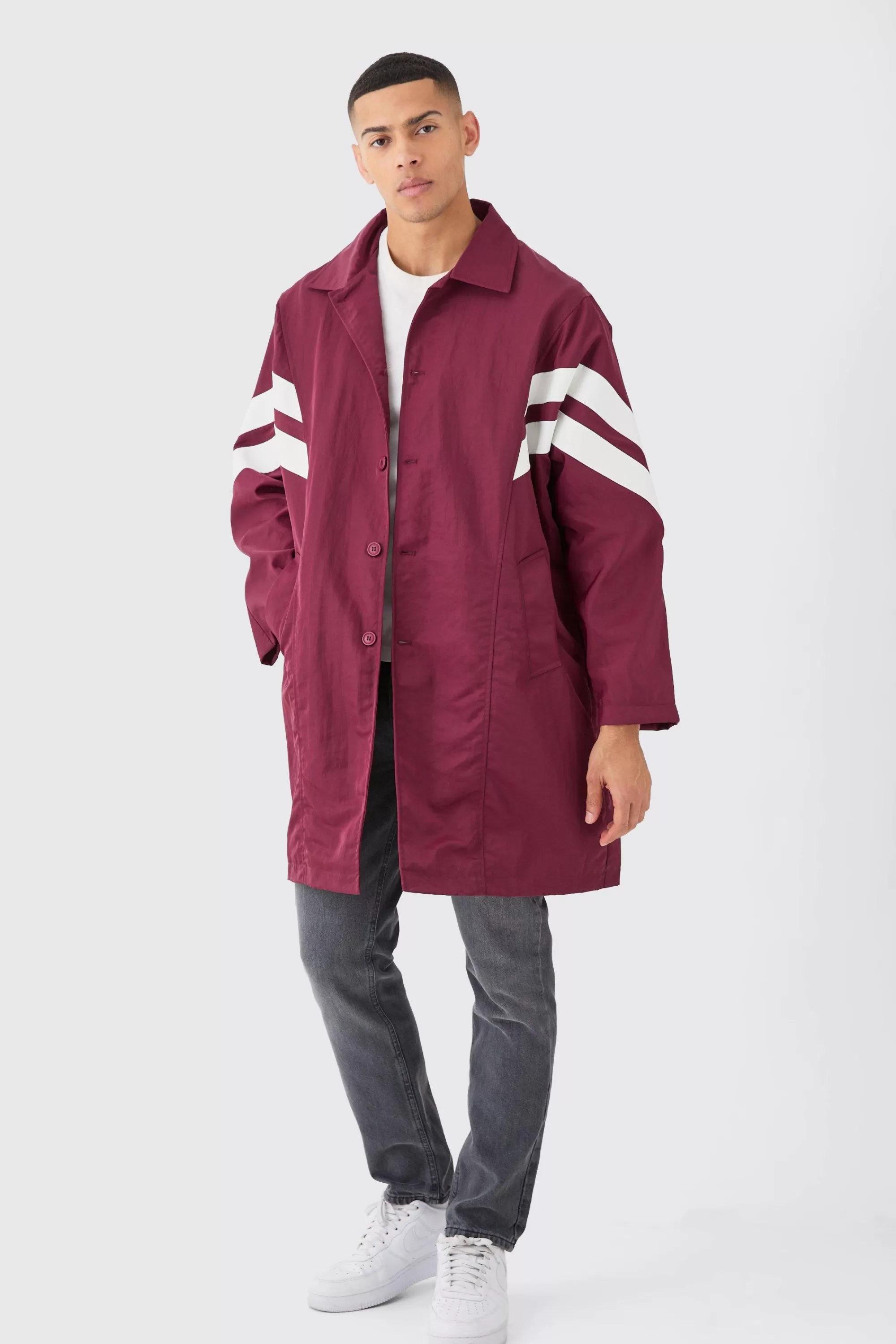 boohooMAN Oversized Nylon Mac With Pu Stripes | UK