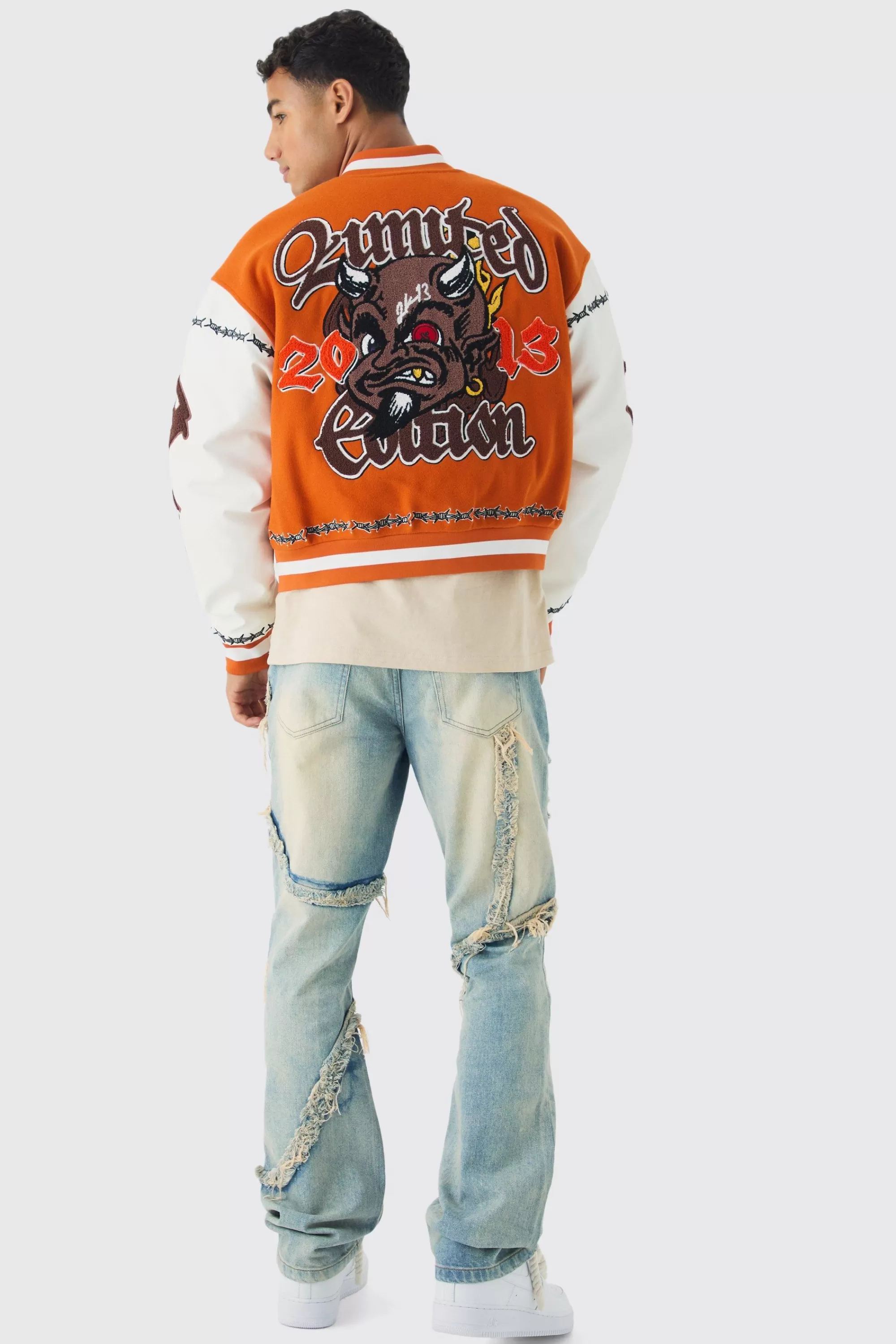 boohooMAN Oversized Ofcl Rose Varsity Jacket In | UK