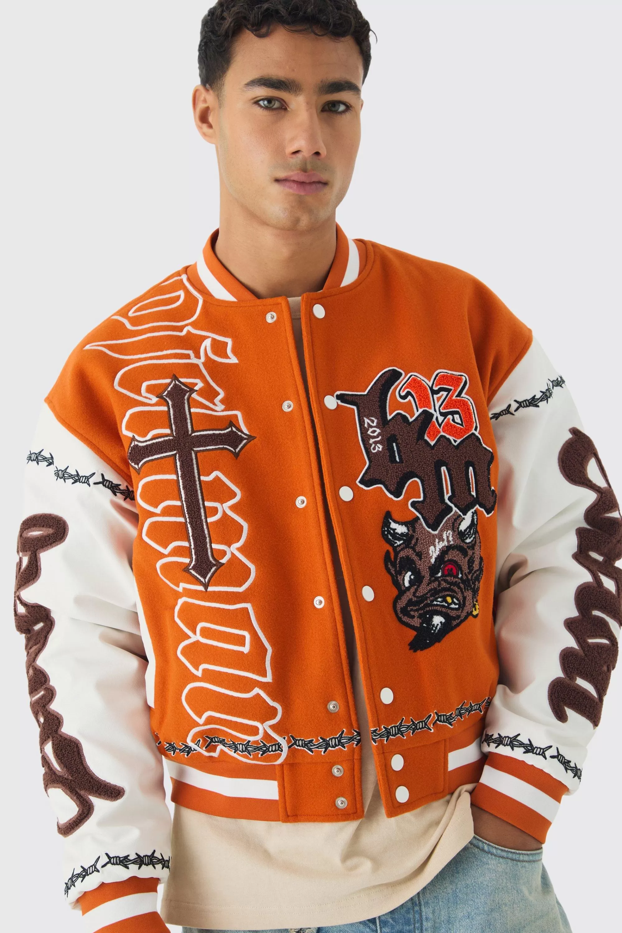 boohooMAN Oversized Ofcl Rose Varsity Jacket In | UK