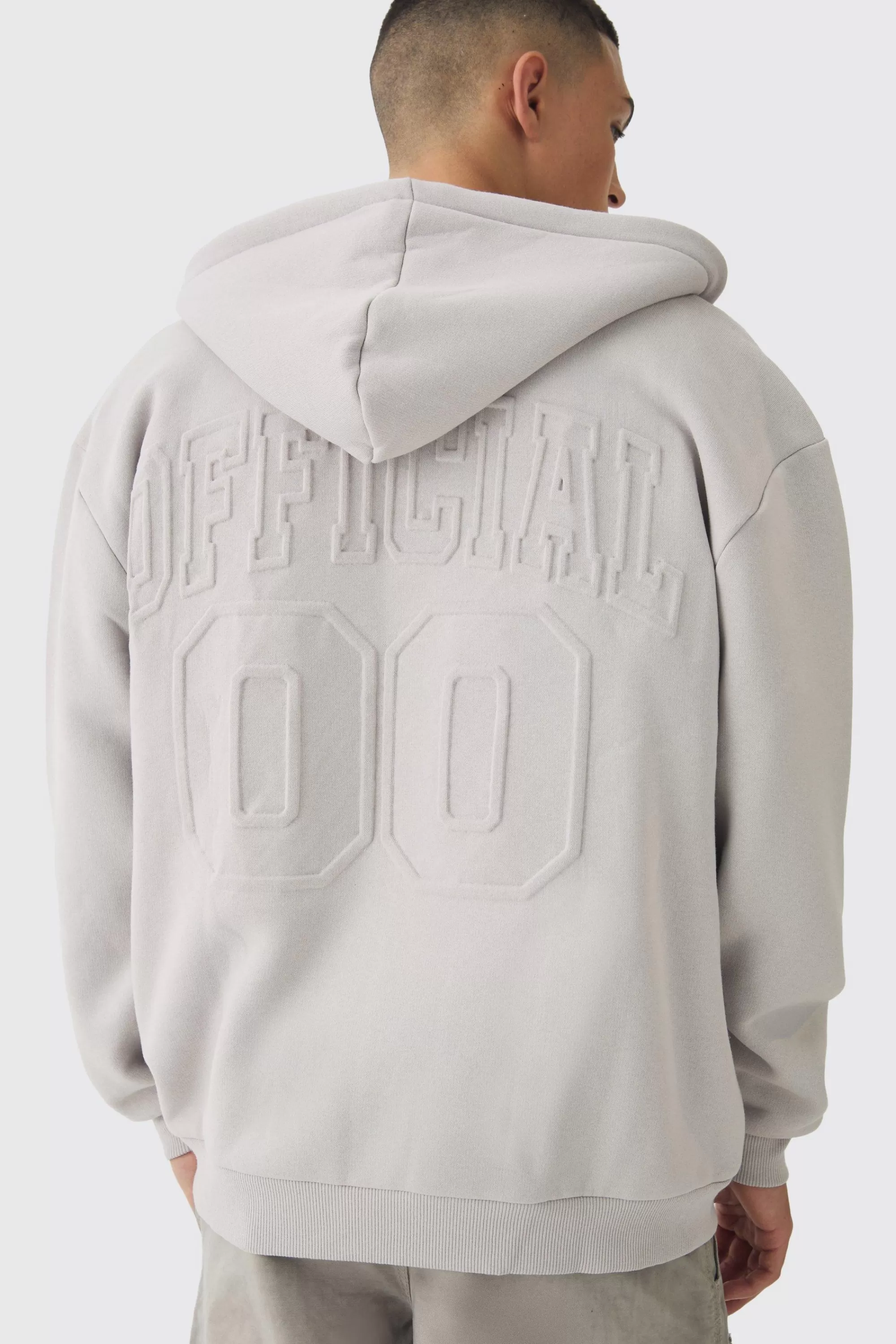 boohooMAN Oversized Official Varsity Embossed Zip Through Hoodie | UK