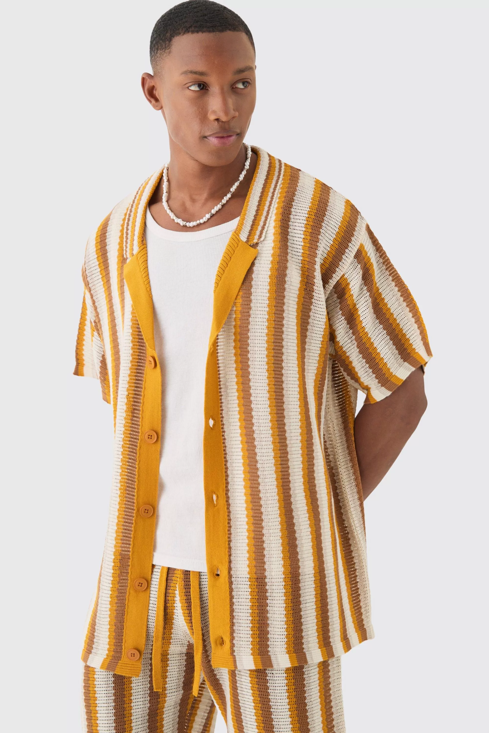 boohooMAN Oversized Open Stitch Stripe Knit Shirt In | UK