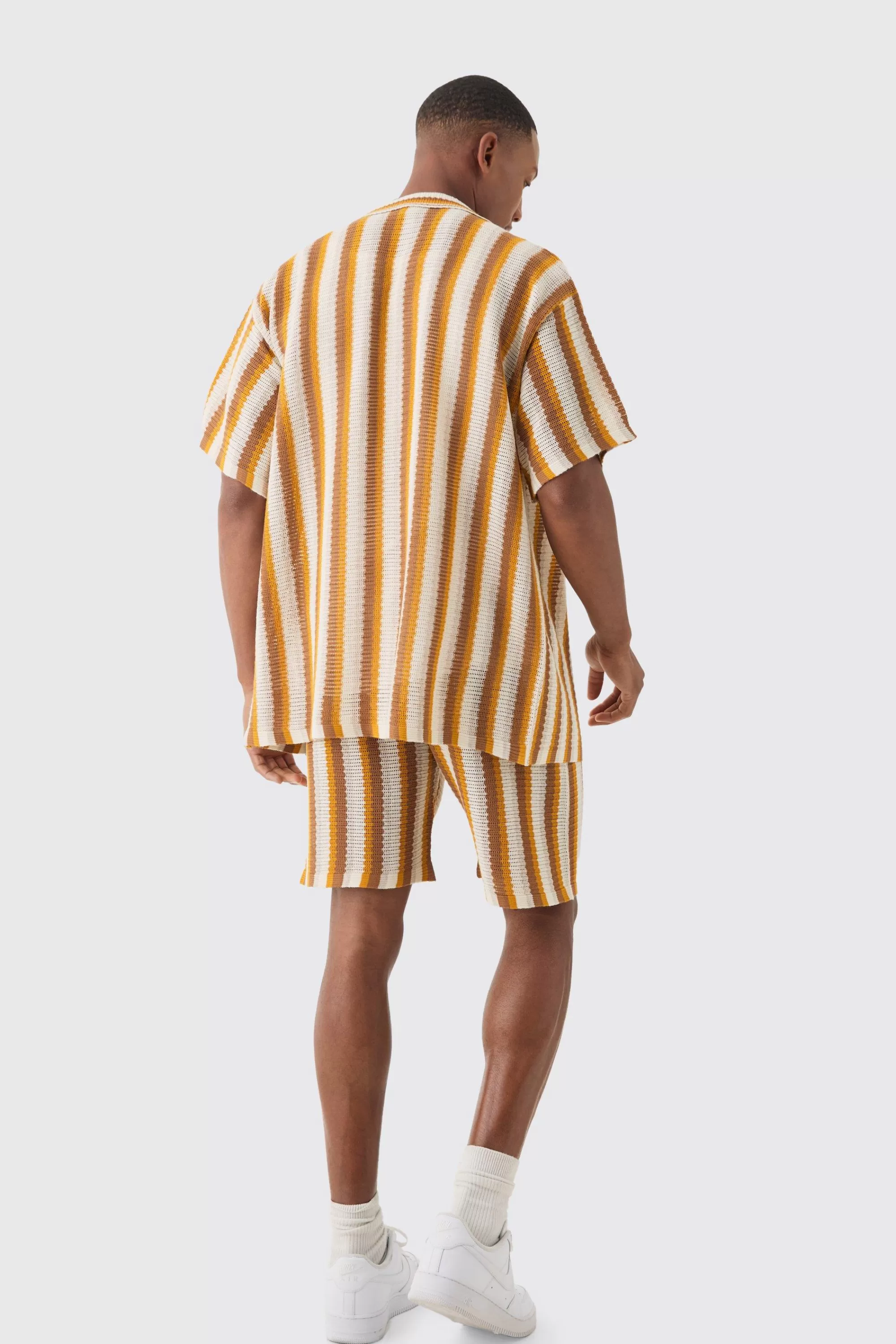 boohooMAN Oversized Open Stitch Stripe Knit Shirt In | UK