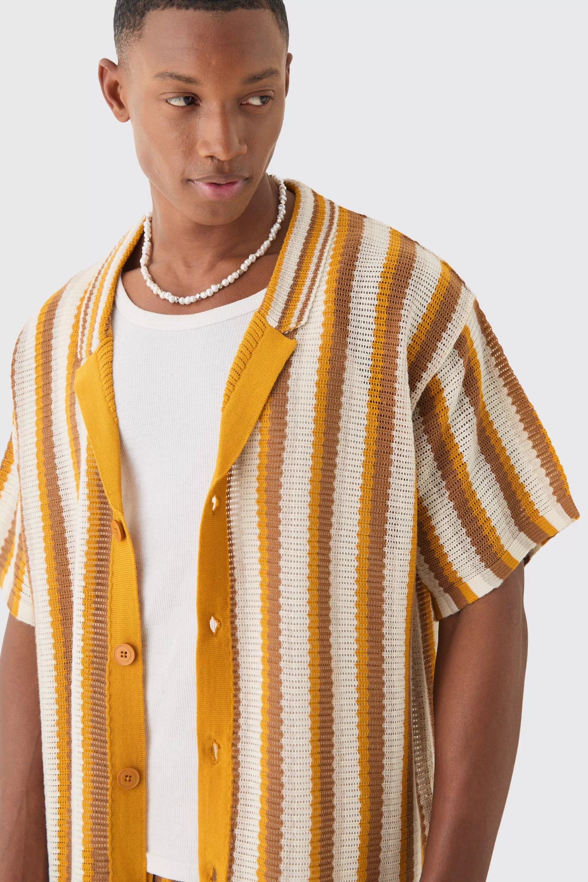boohooMAN Oversized Open Stitch Stripe Knit Shirt In | UK