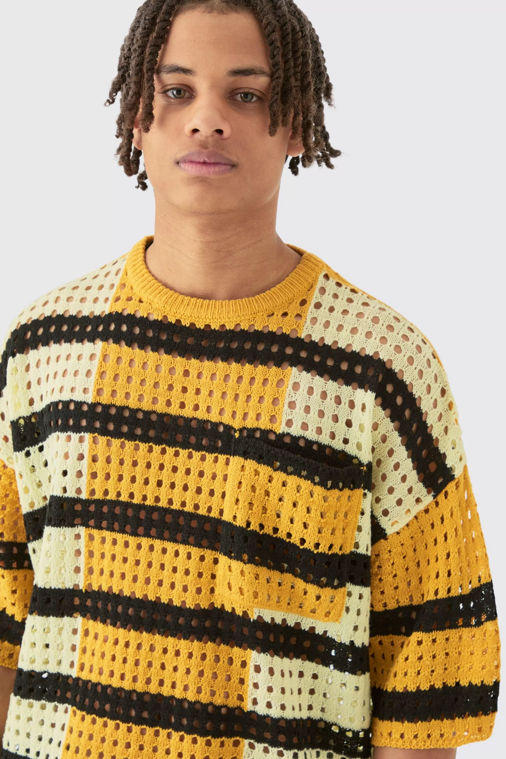 boohooMAN Oversized Open Stitch T-shirt Short Knitted Set | UK