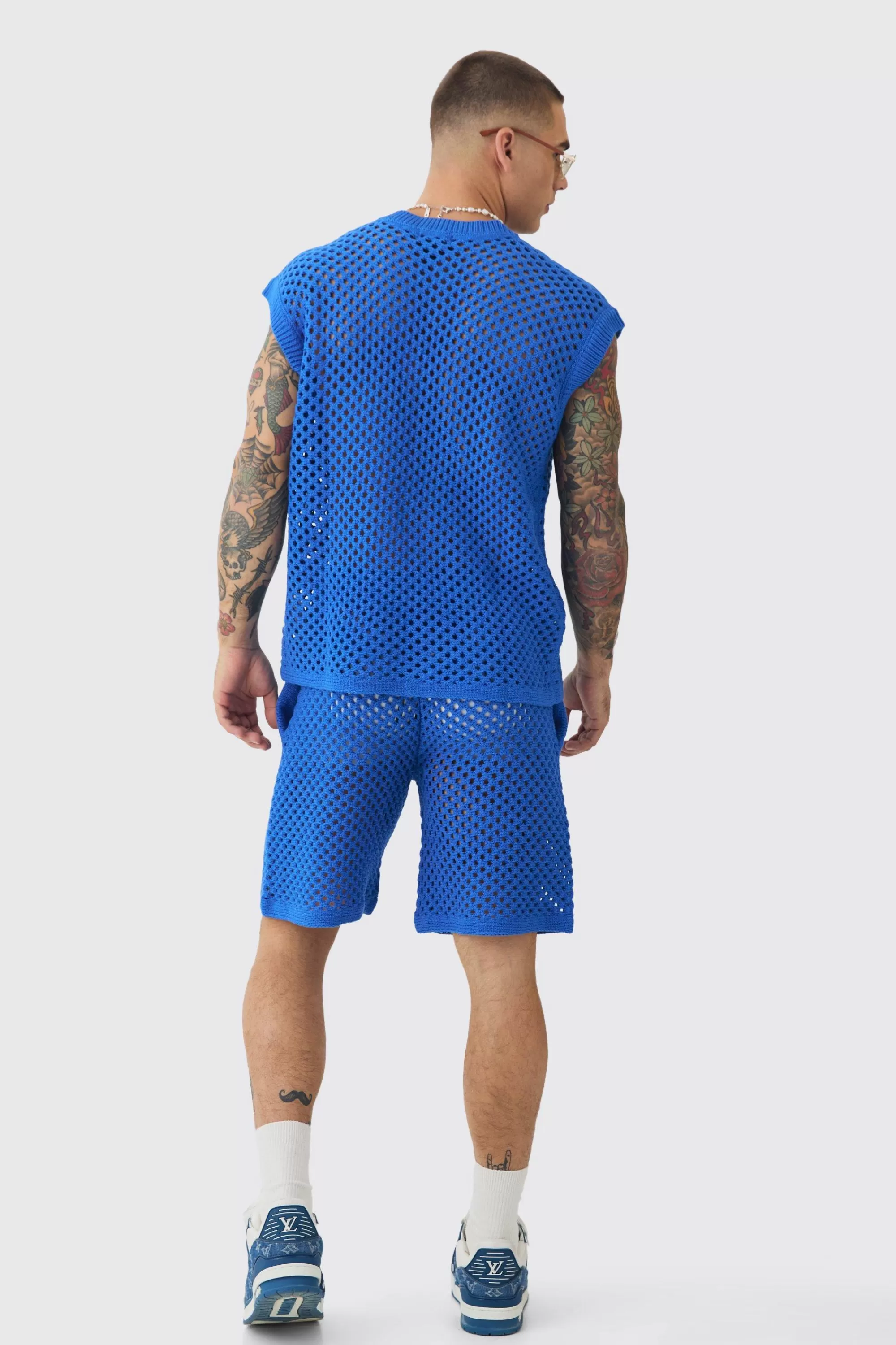 boohooMAN Oversized Open Stitch V Neck Tank Short Set With Metal Tab | UK