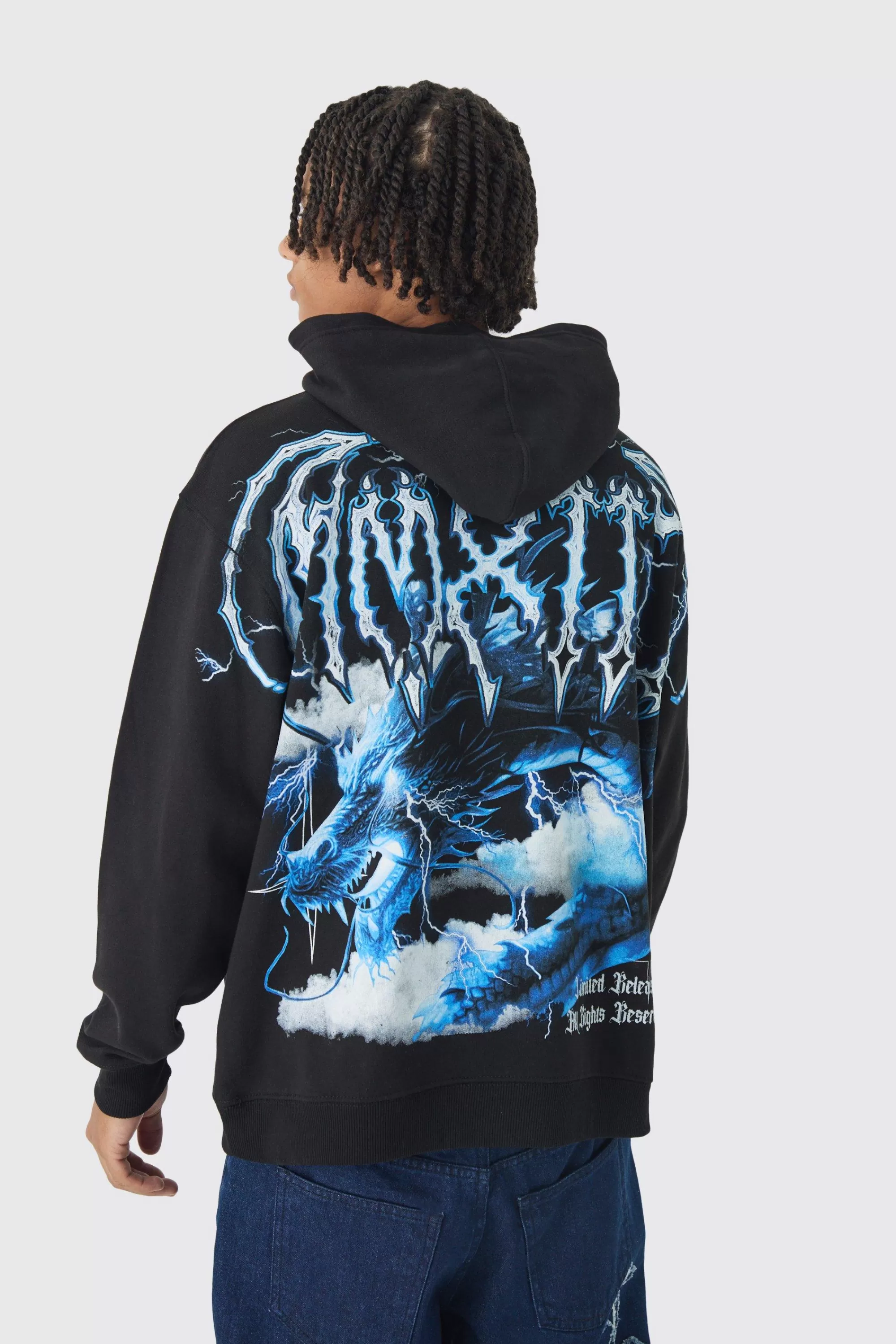 boohooMAN Oversized Over Seams Extended Neck Dragon Print Hoodie | UK