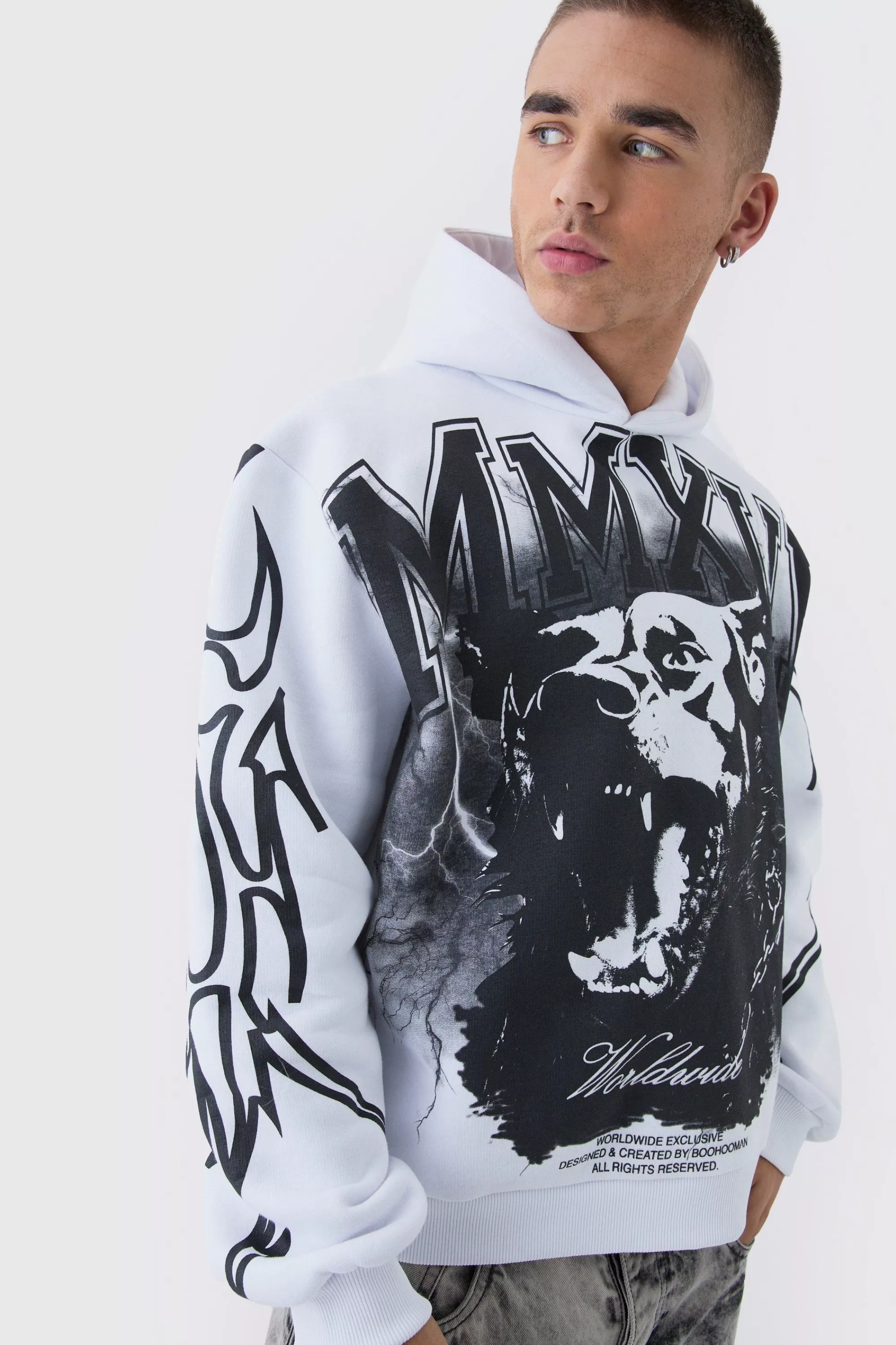 boohooMAN Oversized Over Seams Rottweiler Lightning Graphic Hoodie | UK