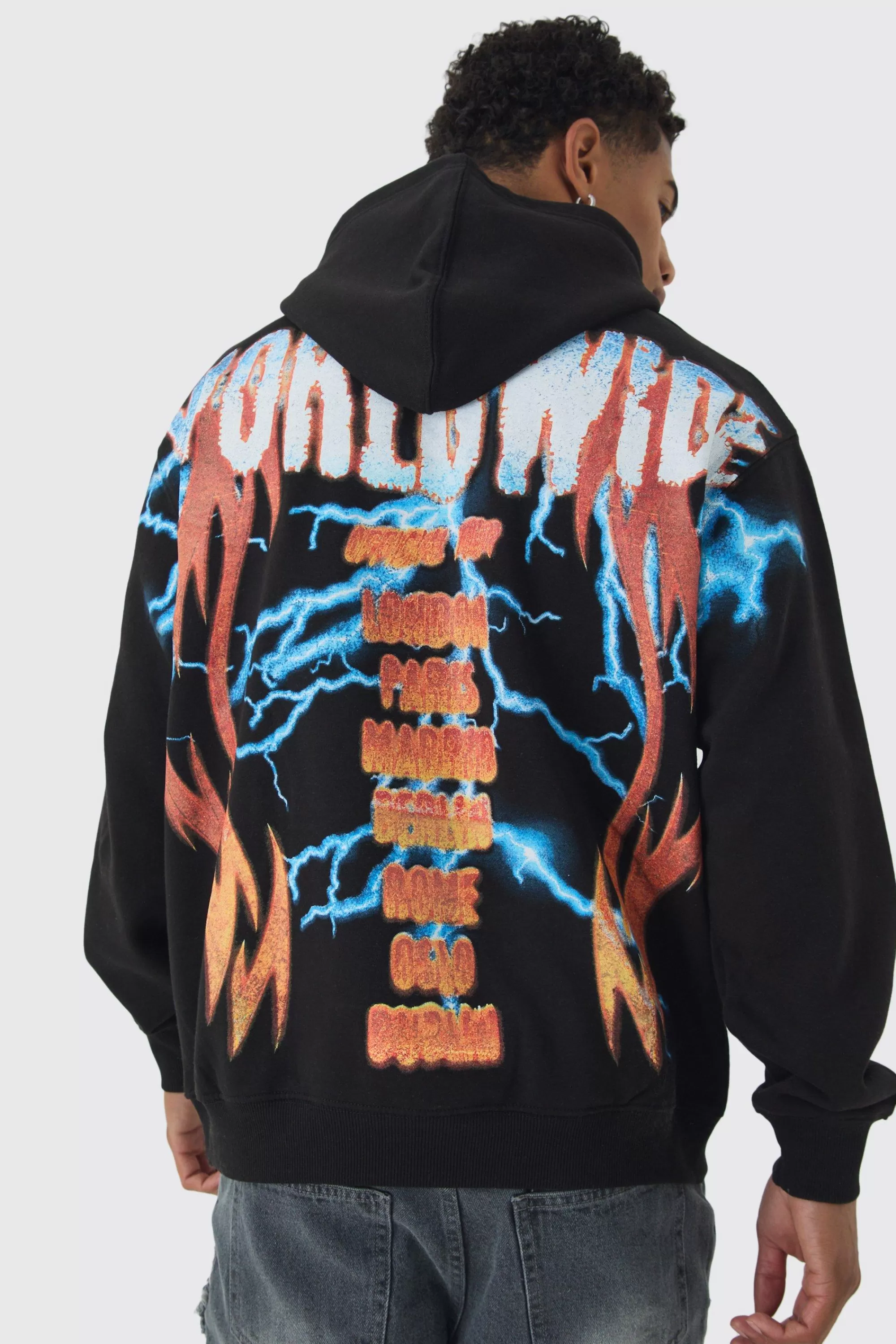 boohooMAN Oversized Over The Seams Lightning Back Graphic Hoodie | UK