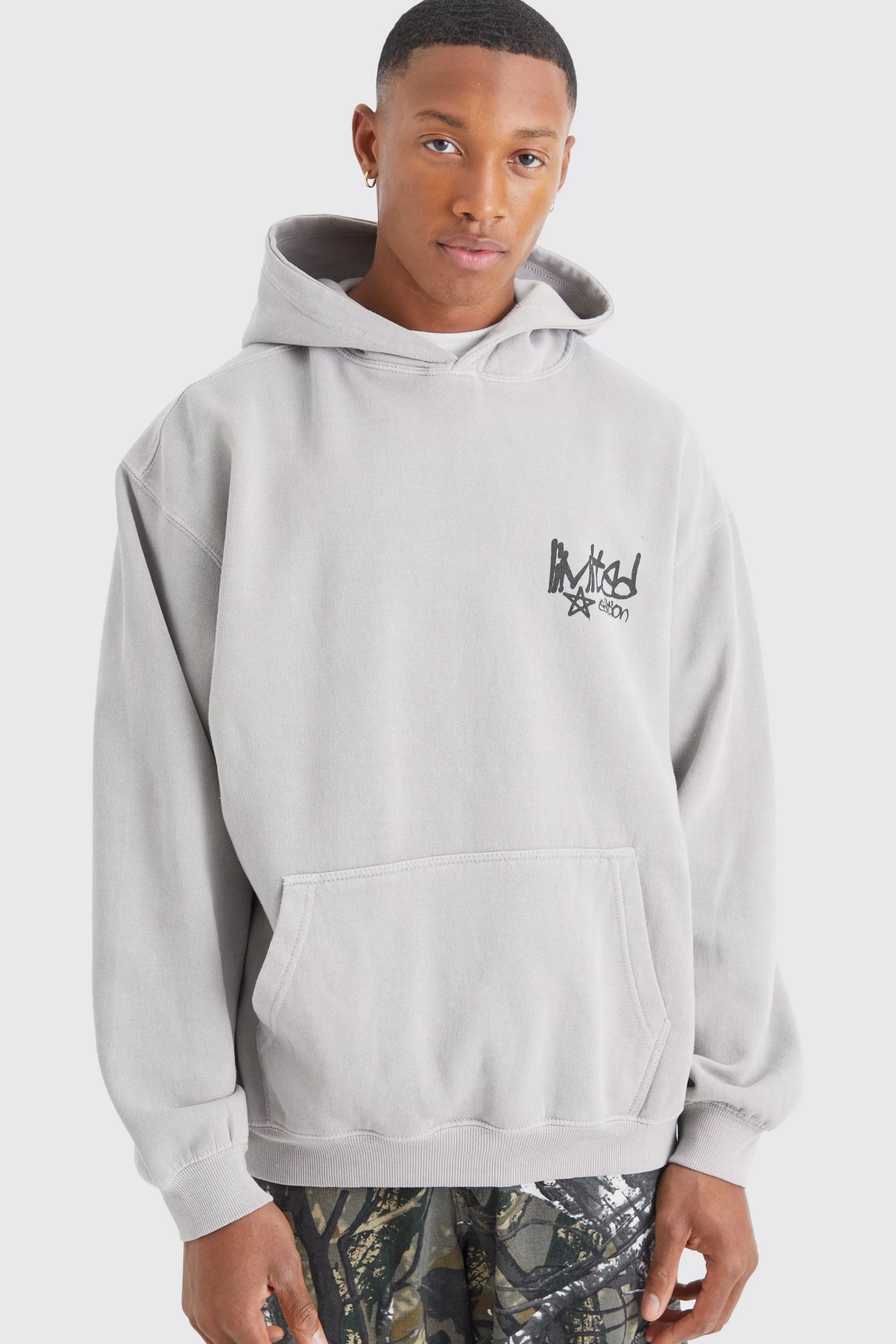 boohooMAN Oversized Overdye Graffiti Graphic Hoodie | UK